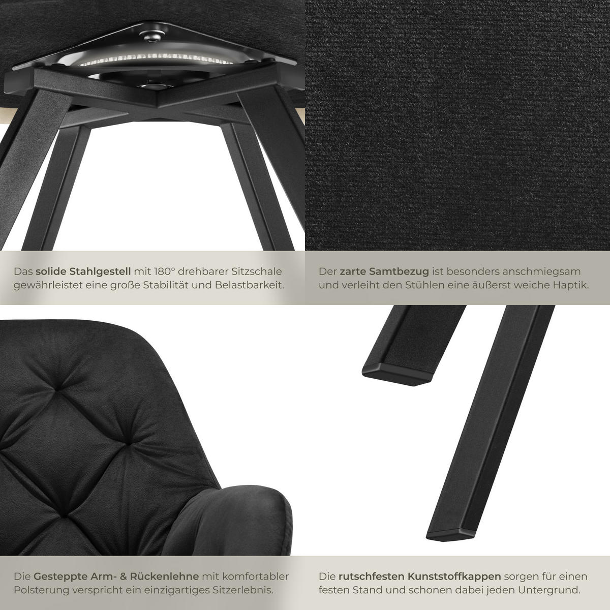 ARMLEHNSTUHL Samt Drehbarer 4er Set Lucia 58 x 58 x 87 cm schwarz - Schwarz, Kunststoff (58/87/58cm) - tectake