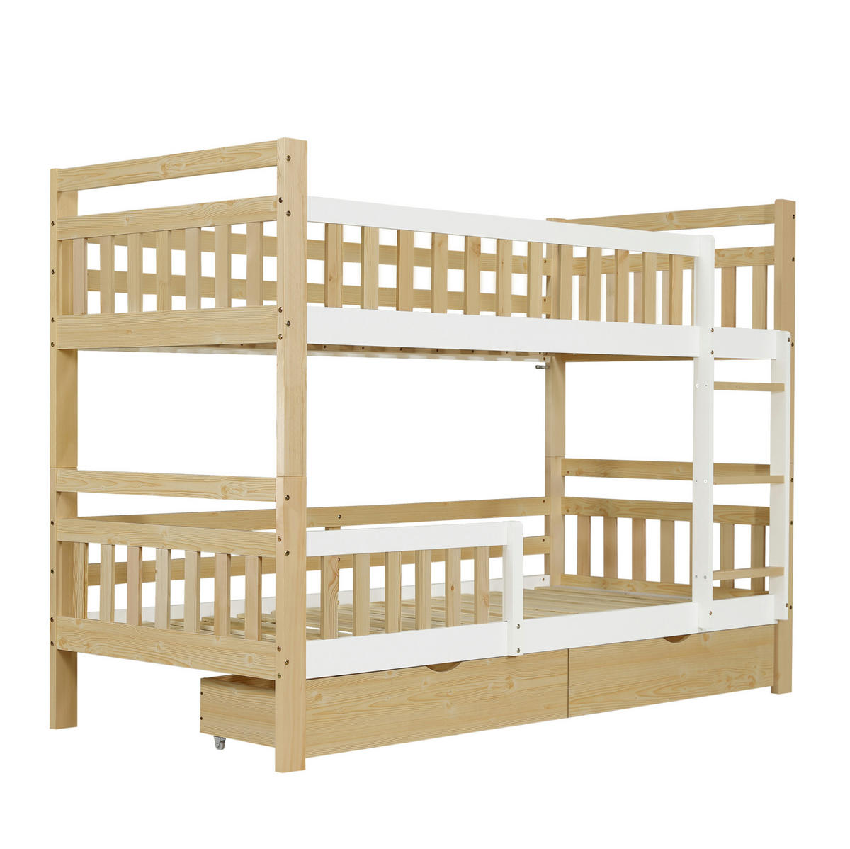 ETAGENBETT aus Holz 90x200 cm Weiß/Natur teilbar in 2 Einzelbetten mit Schubladen - Weiß, Holz (90/200cm) - Modfu