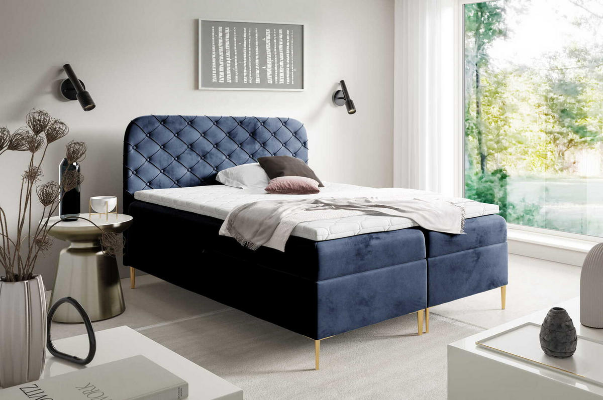 BOXSPRINGBETT 180x200 Elara, Chesterfield, 15 cm Beine, Matratze, Marineblau - Dunkelblau, Holz/Textil (180/200cm) - Emporius