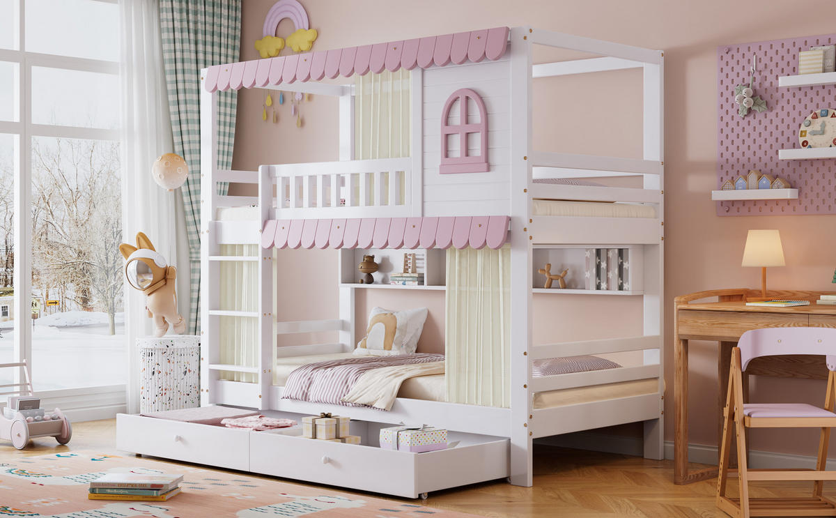 ETAGENBETT 90x200 cm aus Massivholz & MDF mit Regalen und Schubladen, weiß-rosa - Rosa, Holzwerkstoff (90/200cm) - Luhomfu
