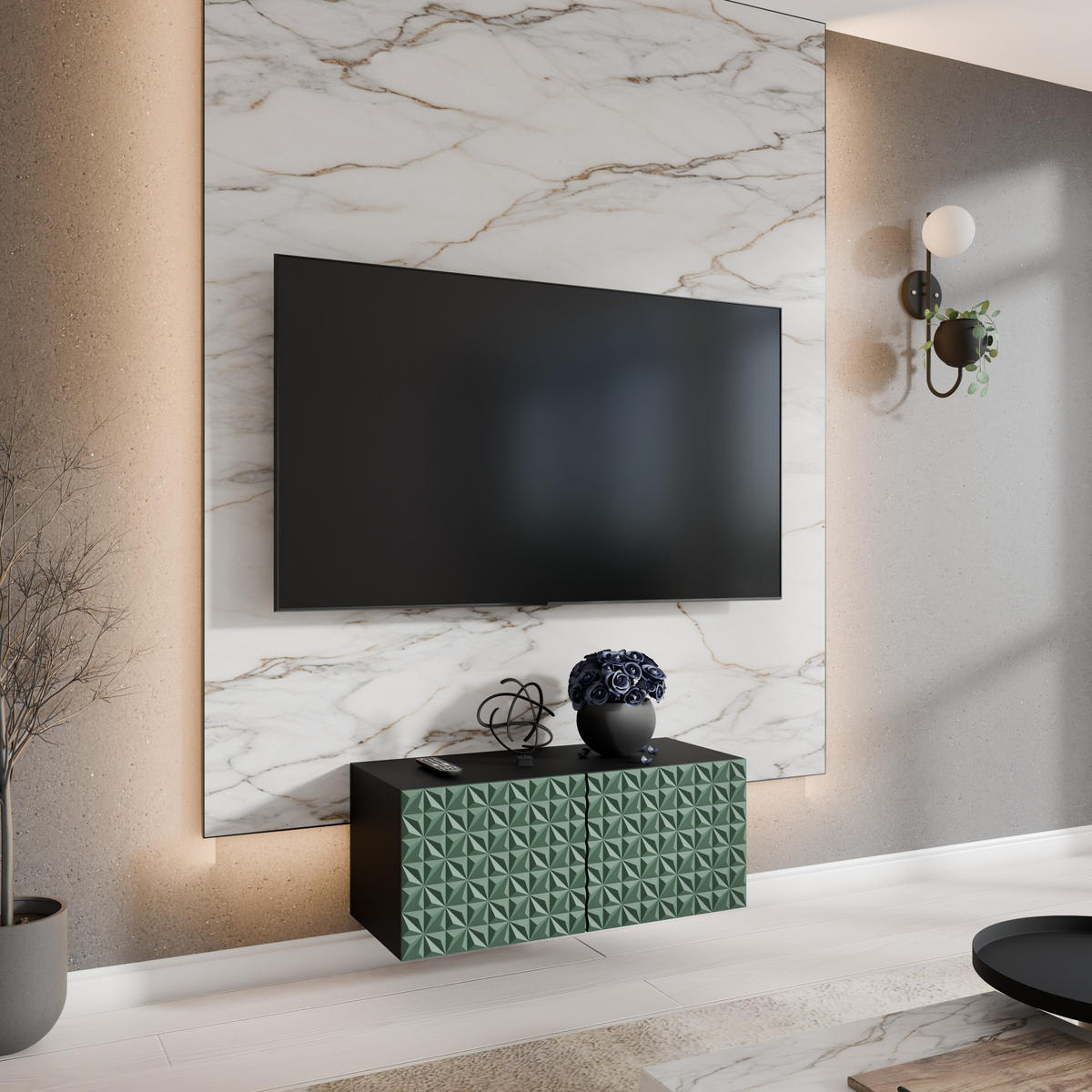TV-SCHRANK Cali 100 cm, zweitürig, schwarz, grün - Schwarz/Olivgrün, Kunststoff (100/40/41cm) - Margaret Hadas24
