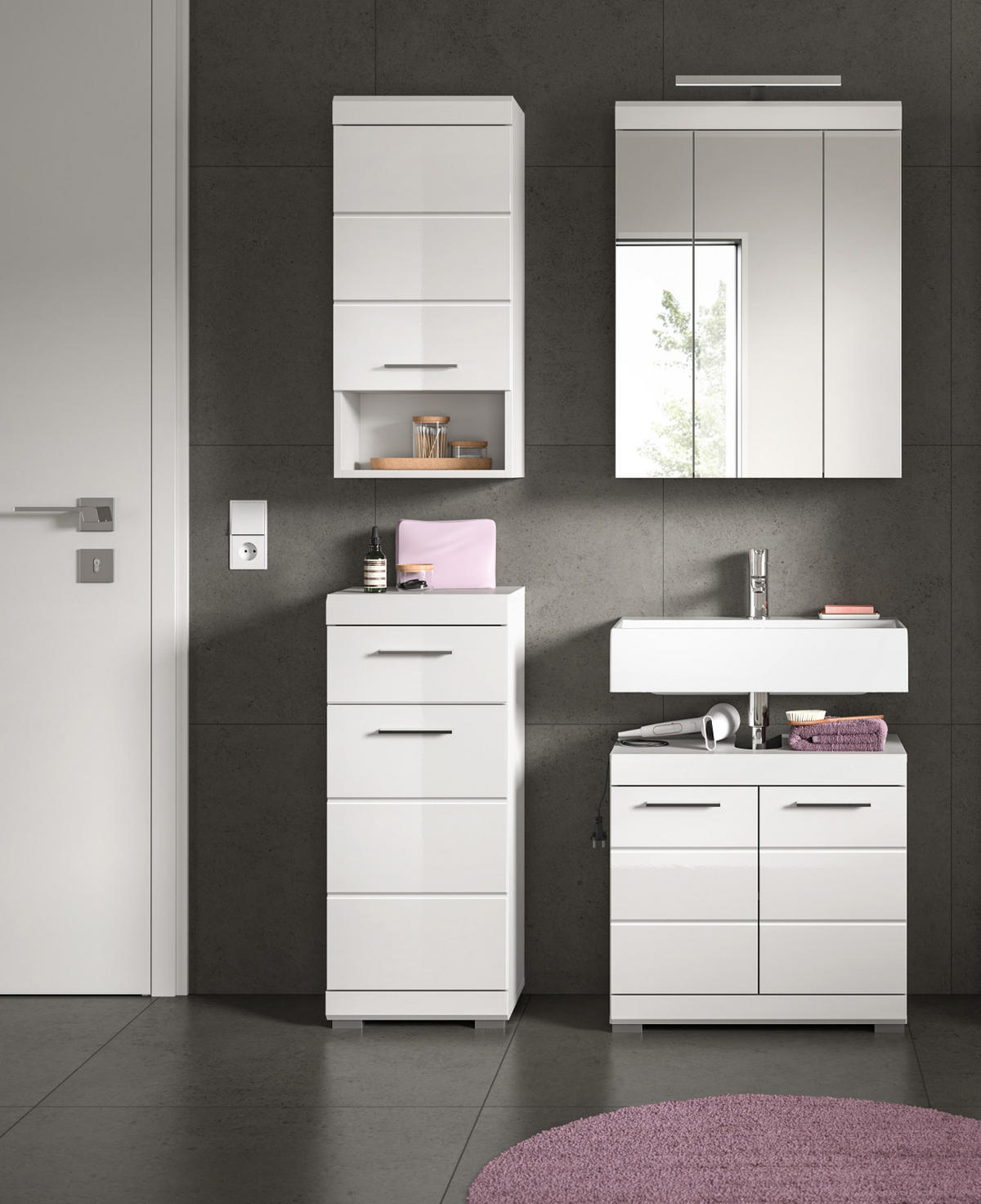 BADMÖBEL-SET weiß Hochglanz 4-teilig 112 cm, Komplettset mit viel Stauraum - Weiß Hochglanz, Glas/Holzwerkstoff (112/191/34cm) - Inn.Furn