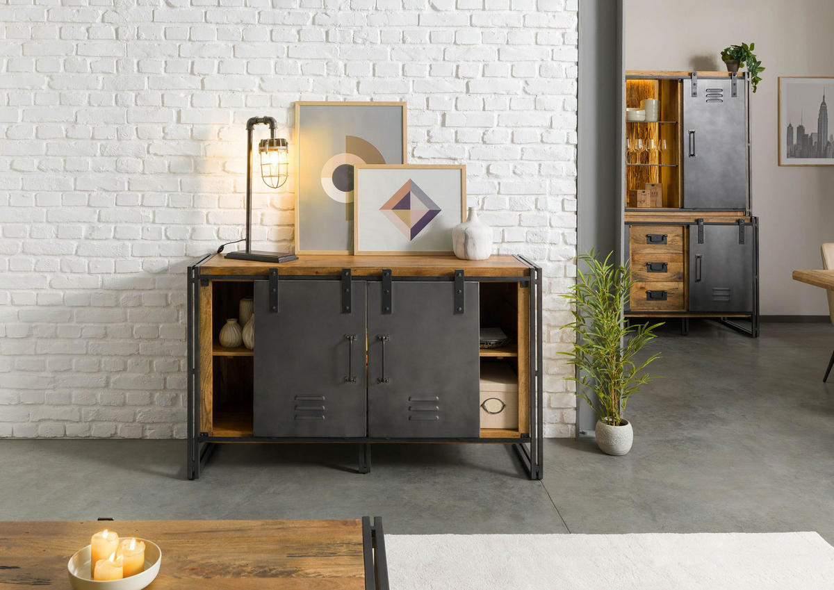 SIDEBOARD Mango / Altholz 150x45x90 natur / grau lackiert / Metall grau BLACKBURN LUX #411 - Braun, Holz (150/90/45cm) - Massivmoebel24