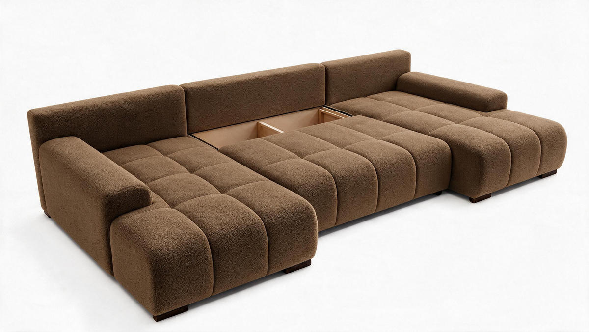 WOHNLANDSCHAFT OVIA U mit Bettkasten und Schlaffunktion, Bouclé-Stoff in U-Form - Braun, Textil (350/80/185cm)