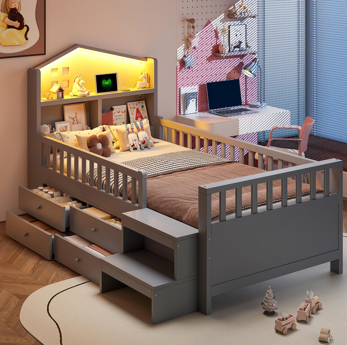 KINDERBETT mit 4 Schubladen und Stufen 90x200 cm Grau - Grau, Holzwerkstoff (90/200cm) - Beauniv