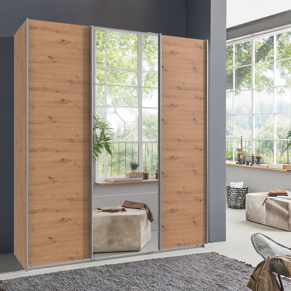 SCHWEBETÜRENSCHRANK 3-türig in Eichendekor, eine Tür mit Spiegel, B180/H208/T64 cm / 22513 - Eichefarben/Alufarben, Holzwerkstoff/Metall (180/208/64cm) - luma-home