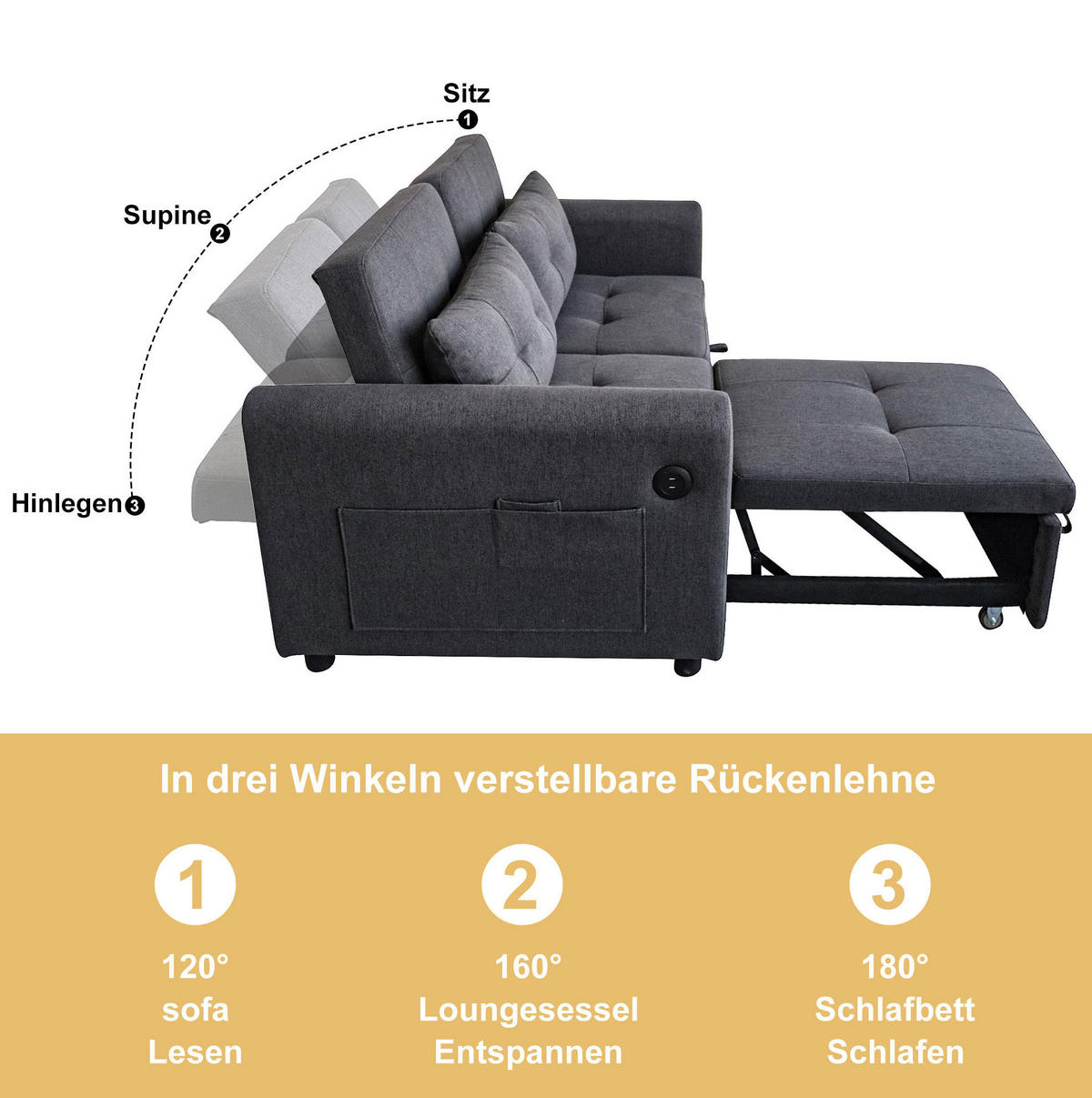 SCHLAFSOFA aus Baumwoll-Leinen 142x85x83 cm Grau mit USB-Anschlüssen, Seitentaschen und verstellbarer Rückenlehne - Grau, Textil (142/83/85cm) - Modfu