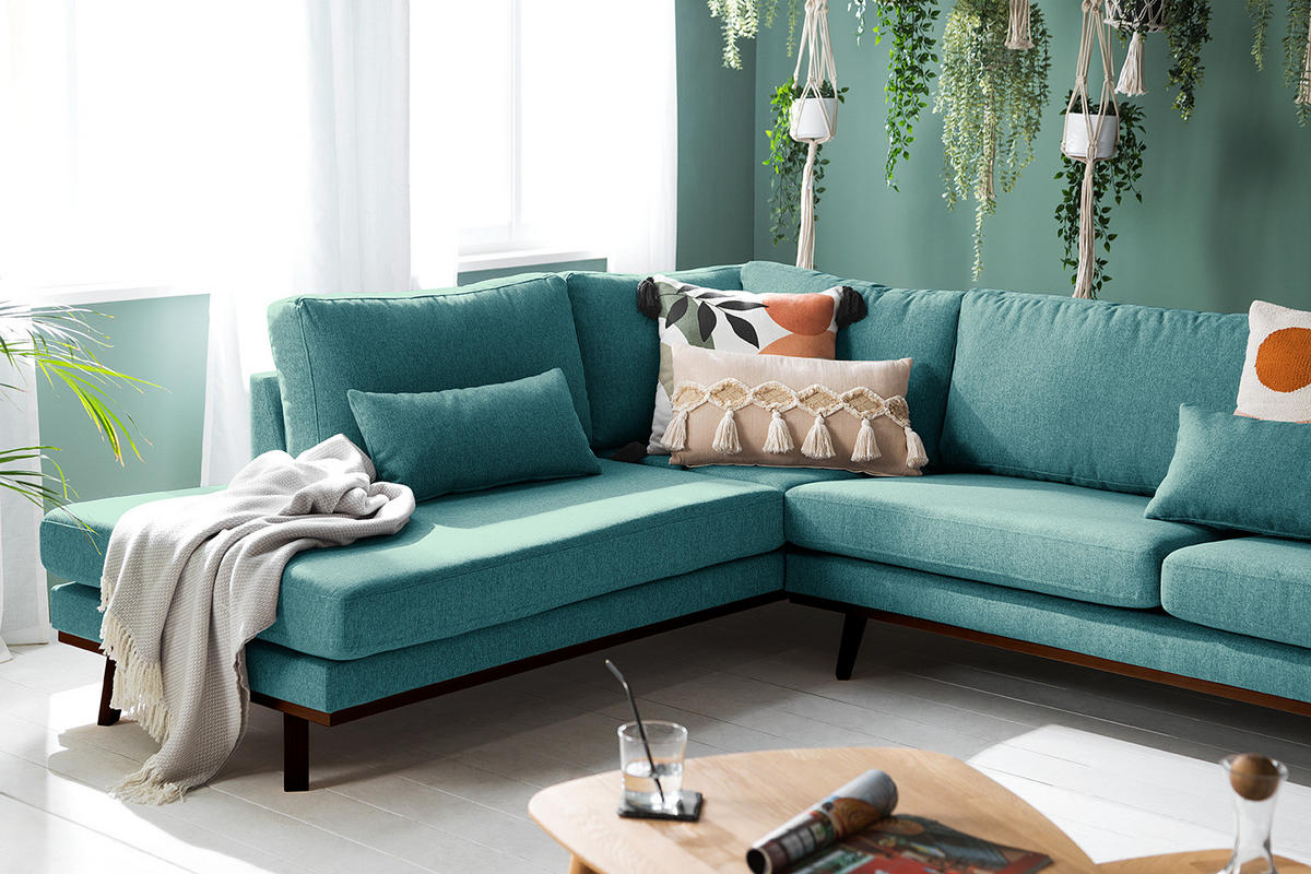 WOHNLANDSCHAFT mit Longchair - Buchefarben/Petrol, Buchenholz/Textil (371/81/219cm) - home24