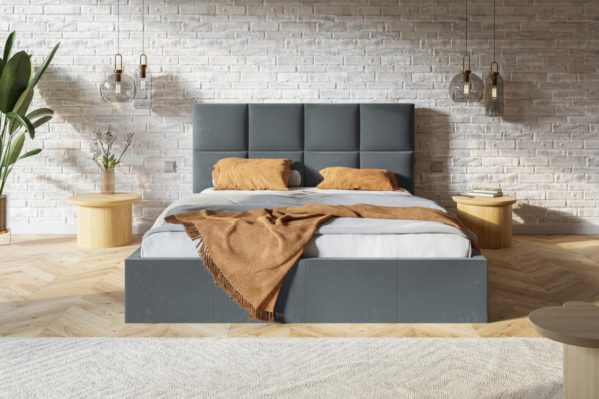 BETT 160x200 - Polsterbett mit Bettkasten und Metallrahmen - Modern Betten - Glatter Kronos-Stoff - Kollektion Roma, Dunkelgrau - Dunkelgrau, Holz/Textil (160/200cm) - Alpi-Möbel