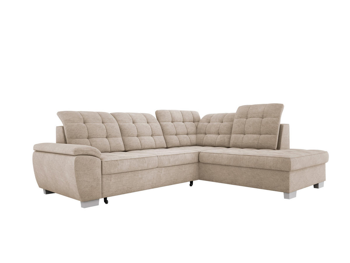 ECKSOFA LOTTA L-förmig Bettkasten verstellbare Kopfstützen hochwertige Verarbeitung lose Rückenkissen freistehend RECHTS 258x212x106 cm Sand-coloured - Sandfarben, Holz/Textil (258/212cm) - DomoHome