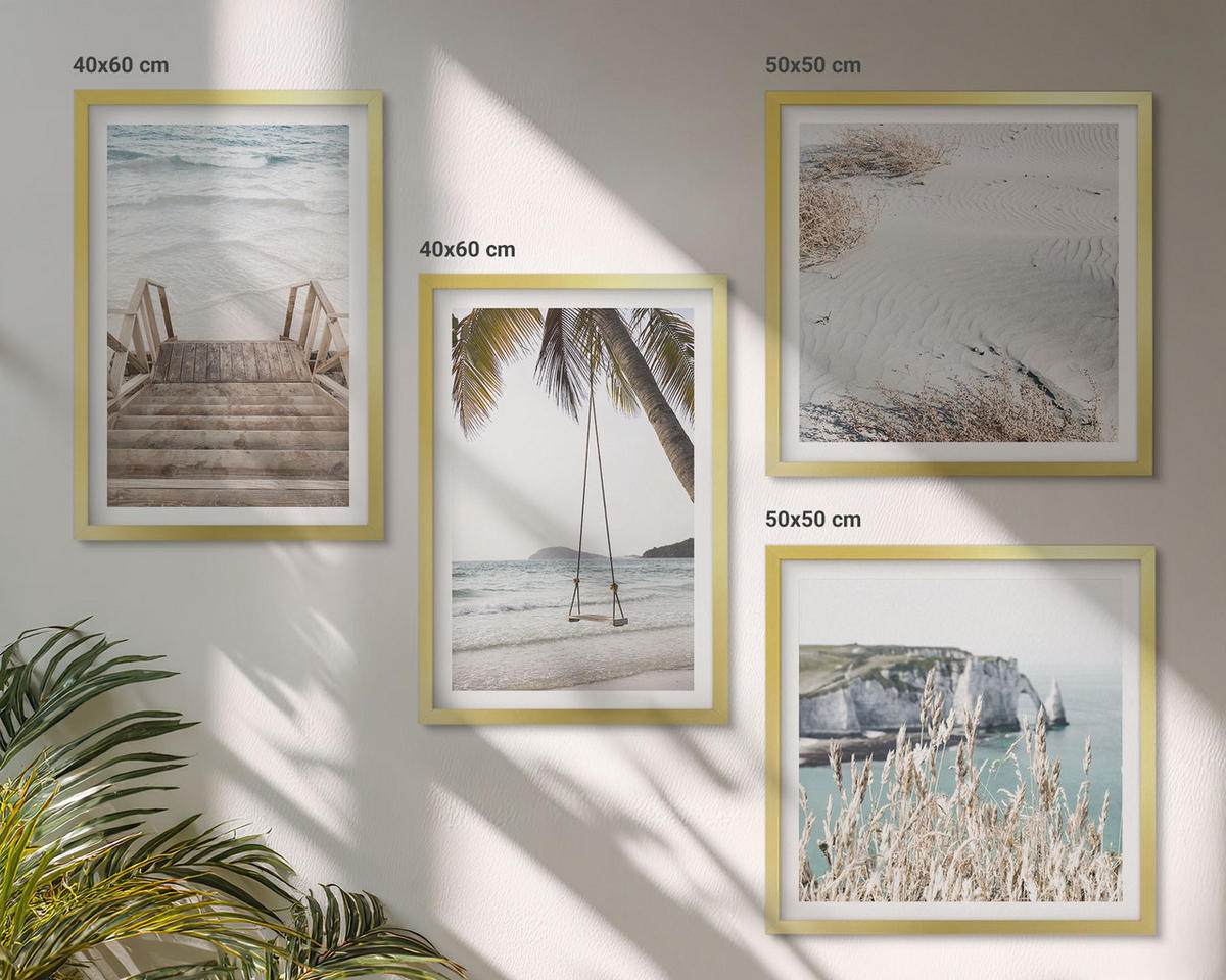 WANDBILDER 4er Set - 50x50 cm & 40x60 cm Goldrahmen - Strandtreppe Schaukel Meer - Goldfarben, Kunststoff (50/50cm) - ArtPrintCave