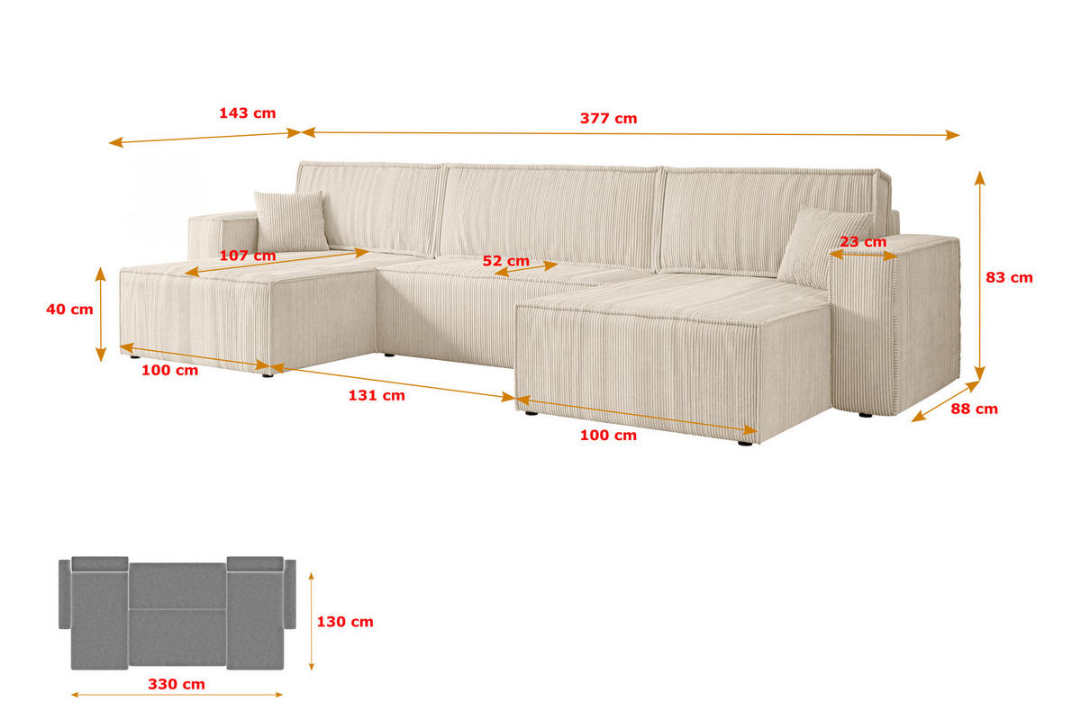 WOHNLANDSCHAFT mit Schlaffunktion und Bettkasten CELTIC-XLU - 377x143x83 cm Beige Cord - Beige/Schwarz, Holzwerkstoff/Kunststoff (377/83/143cm) - ALTDECOR
