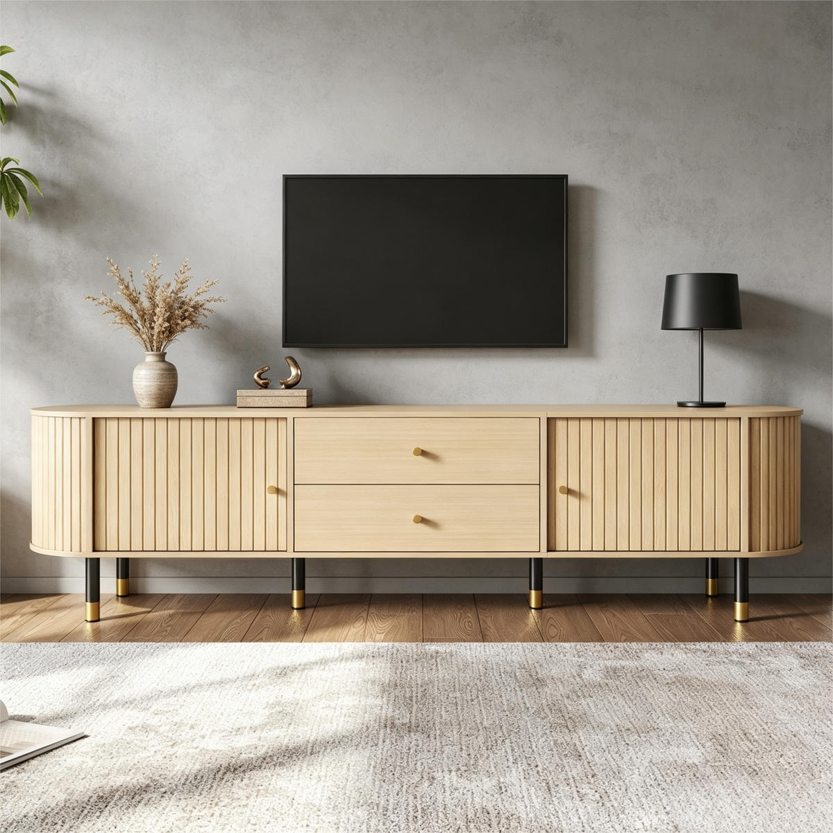 TV-ELEMENT180X40X58CM mit Schiebetüren und Schubladen in Naturfarbenholzoptik - Naturfarben, Holz (46.51/18.01/75.79cm) - Raelunyi