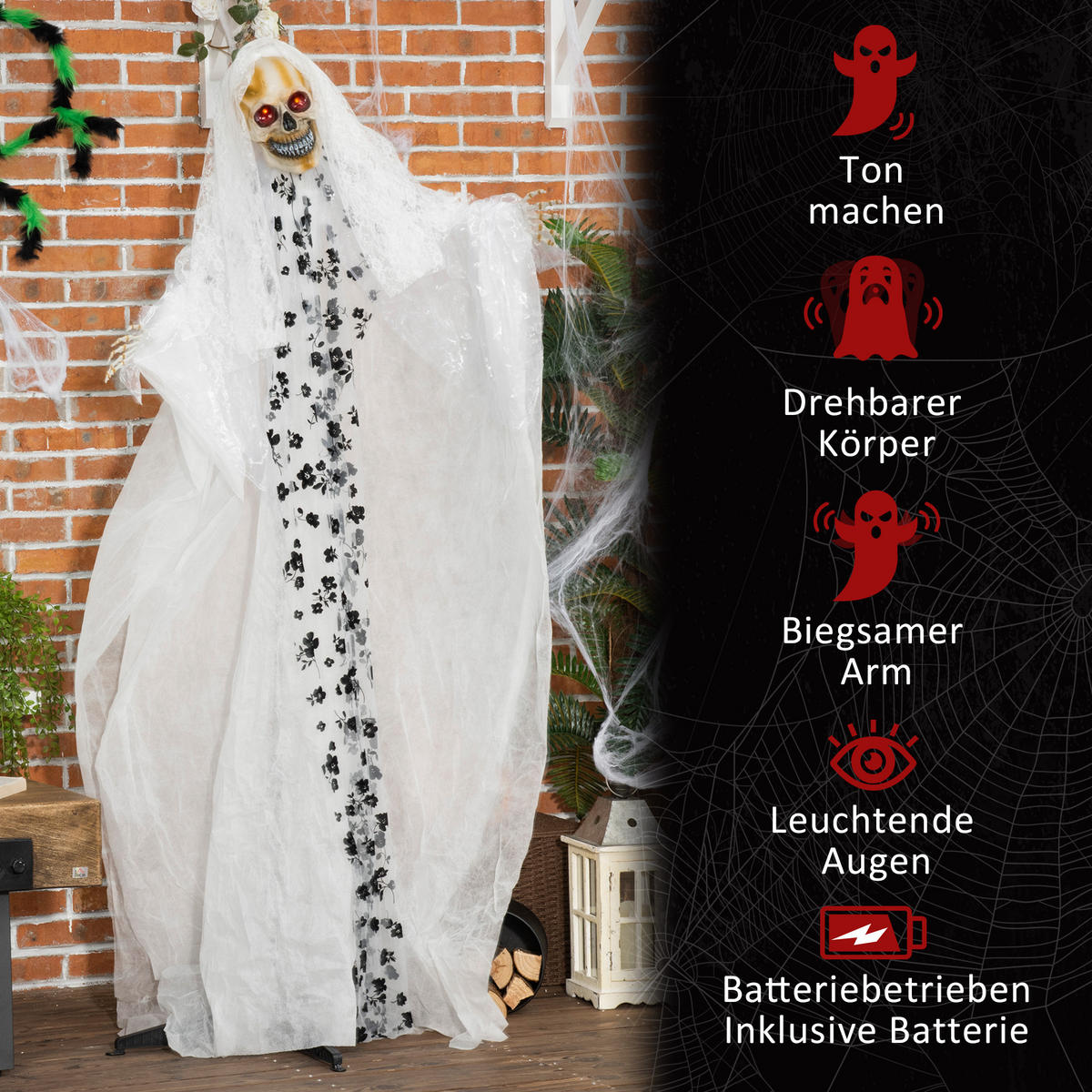 HALLOWEEN HORROR-CLOWN, Weiß, Polyester(100%), PE, PE-Schaumstoff, Stahl, PP - Weiß, Kunststoff (65/178/116cm) - Outsunny