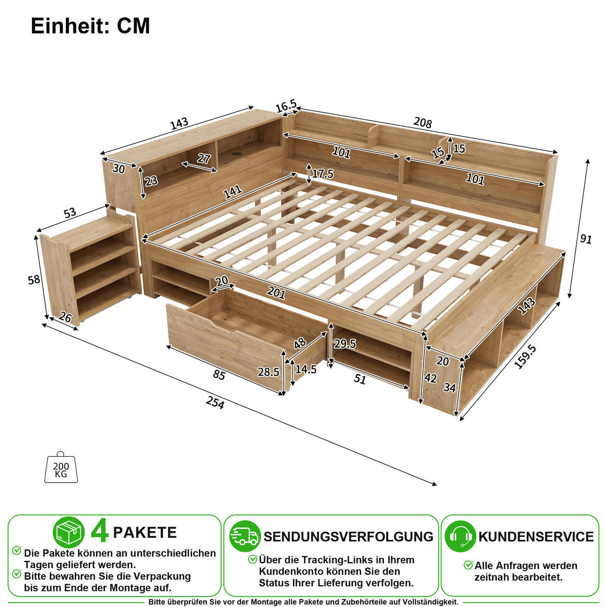 KINDERBETT 140/200 cm in Natur mit Schubladen, Regalen und Stauraumschrank aus Plywood - Naturfarben, Holzwerkstoff (140/200cm) - CHICFURN