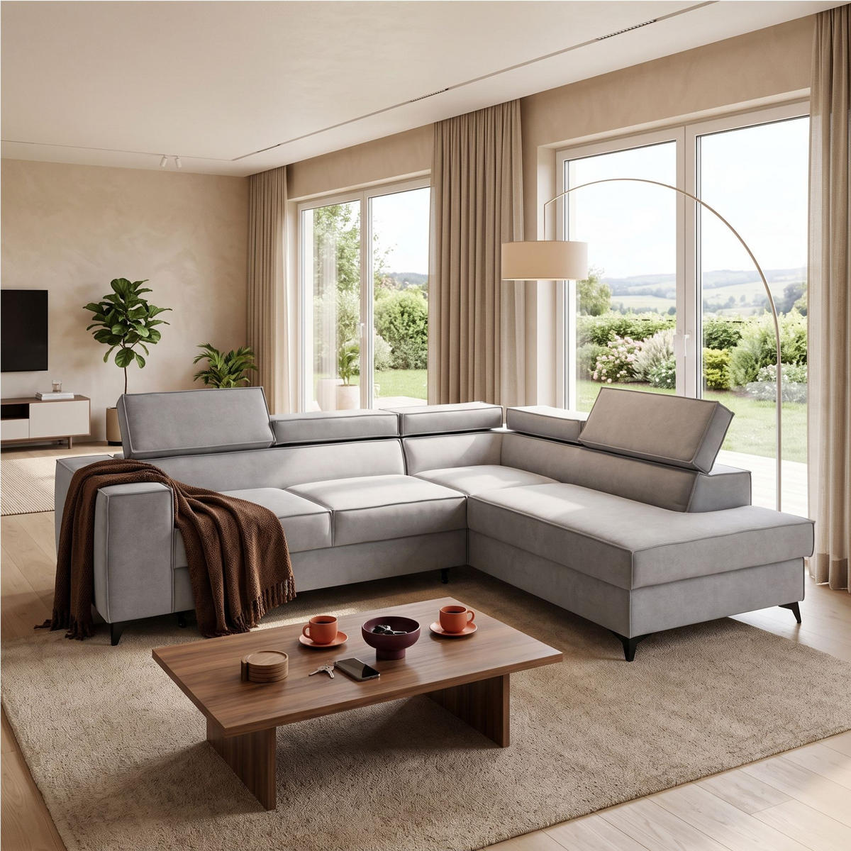 ECKSOFA PURE L Rechts mit Schlaffunktion 127x199 Velours Hellgrau - Hellgrau/Schwarz, Holz/Textil (204/281cm) - Muffo