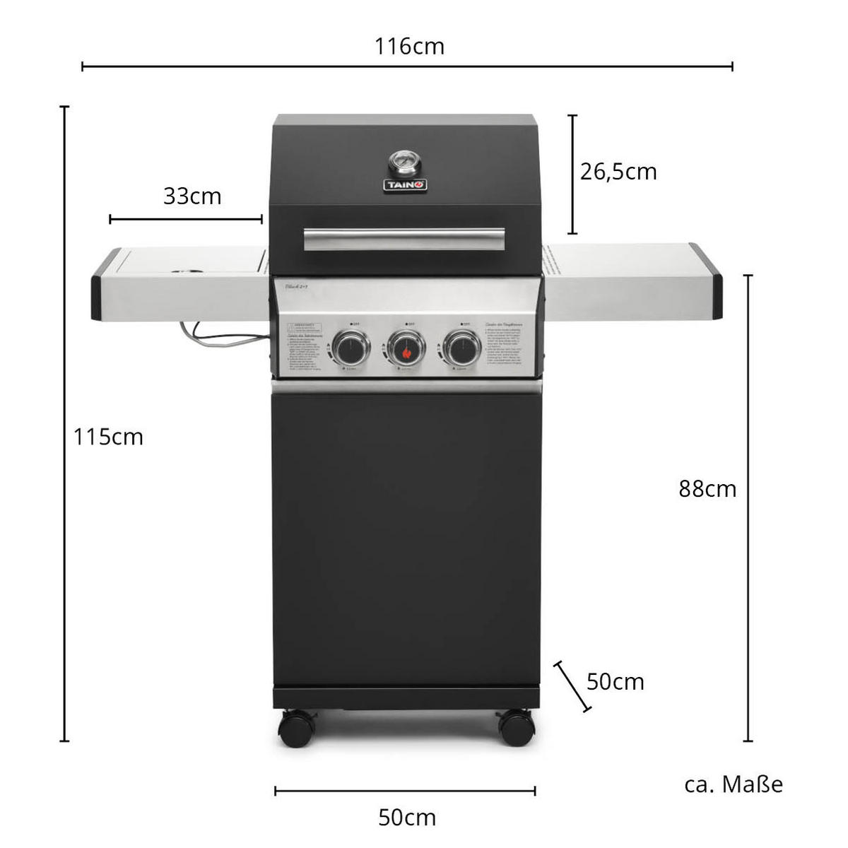 GASGRILL BLACK 2+1 Set mit Edelstahlrost - Schwarz, Metall (116/115/50cm) - TAINO