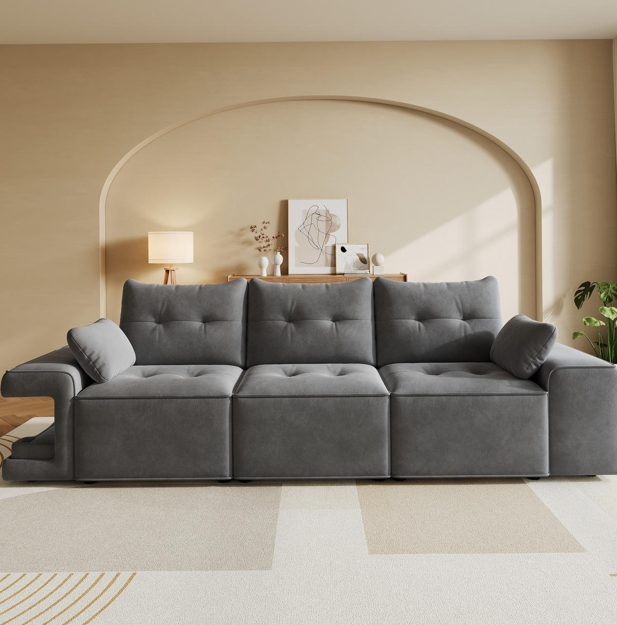 3-SITZER-SOFA aus Velours 229,5x78x84 cm Grau mit Stauraum, Haustiernischen und 2 Kissen - Grau, Textil (229.5/84/78cm) - Modfu