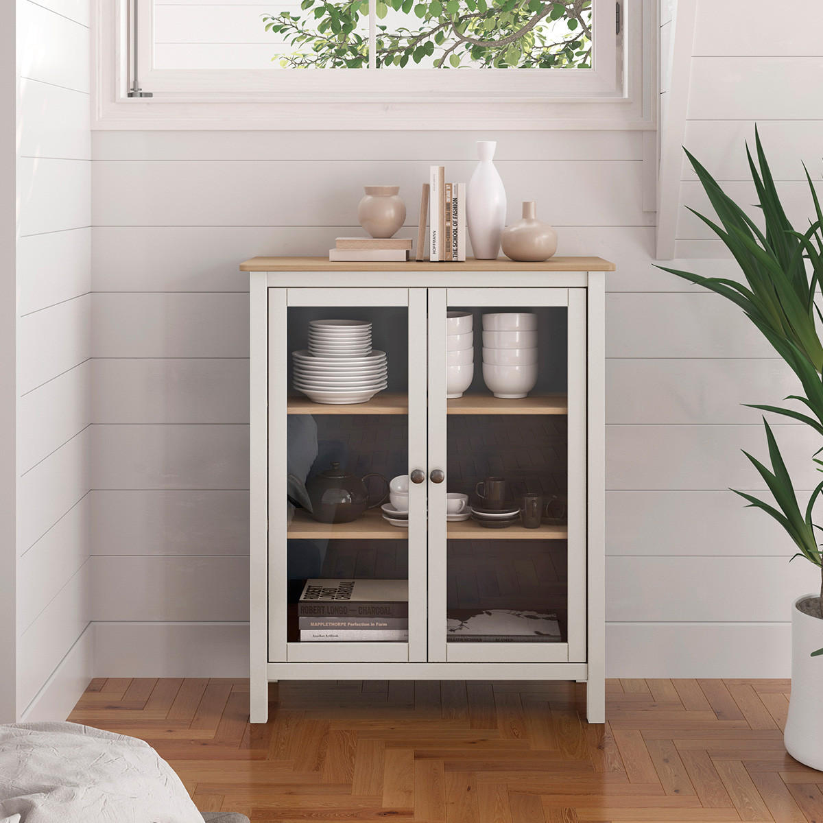 VITRINE 2 Türen L90 x H110 cm - Misti - Weiß, Holz (40/110/90cm) - Calicosy