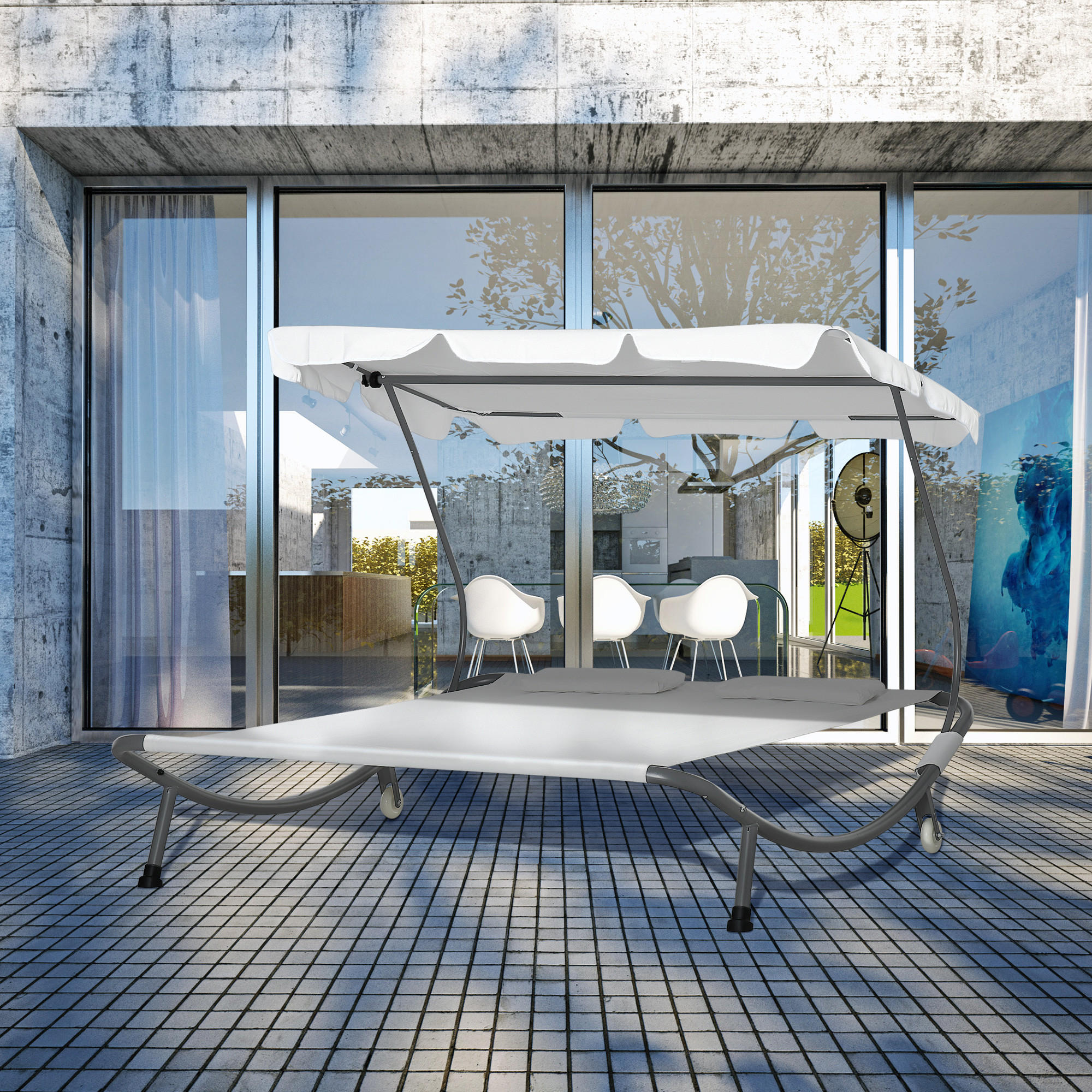 DOPPELLIEGE Sonnenliege Relaxliege rollbar mit Dach Stahl Cremeweiß - Creme, Kunststoff/Textil (175/134/200cm) - Outsunny