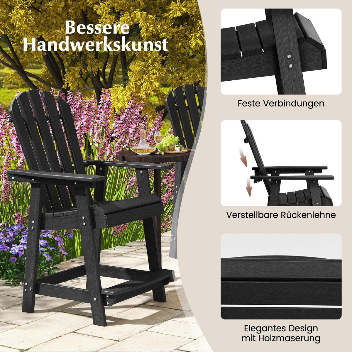 STUHL Hoher Adirondack Schwarz - Schwarz, Kunststoff (85/119/70cm) - COSTWAY