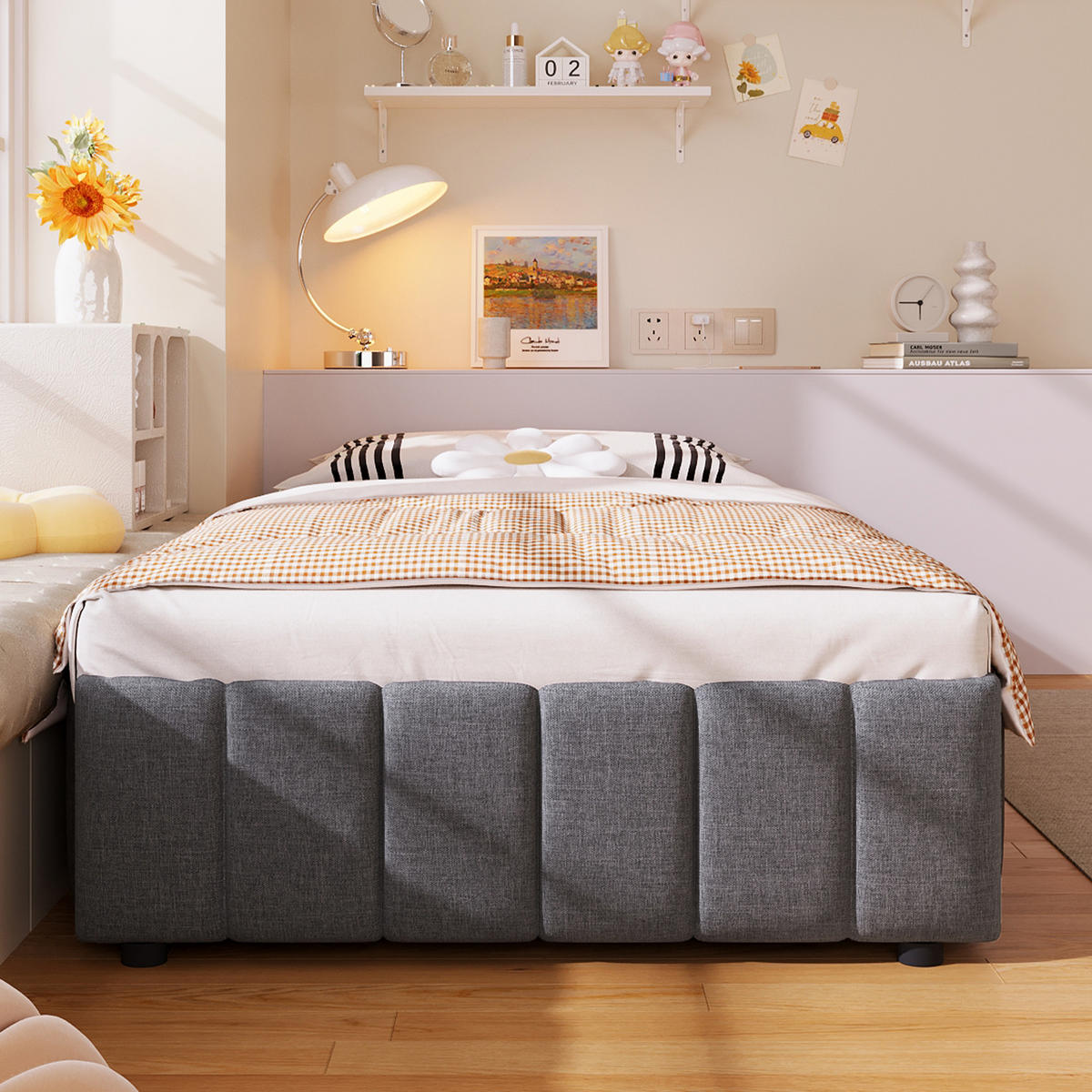 POLSTERBETT 90/200 cm Grau aus Leinen mit hydraulischem Stauraum ohne Kopfteil - Grau, Textil (90/200cm) - OKWISH