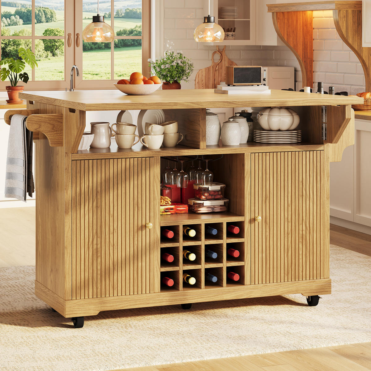 KÜCHENINSEL Weinregal Stauraum Naturbraun - Naturfarben, Holzwerkstoff (142.5/95/80cm) - FLIEKS
