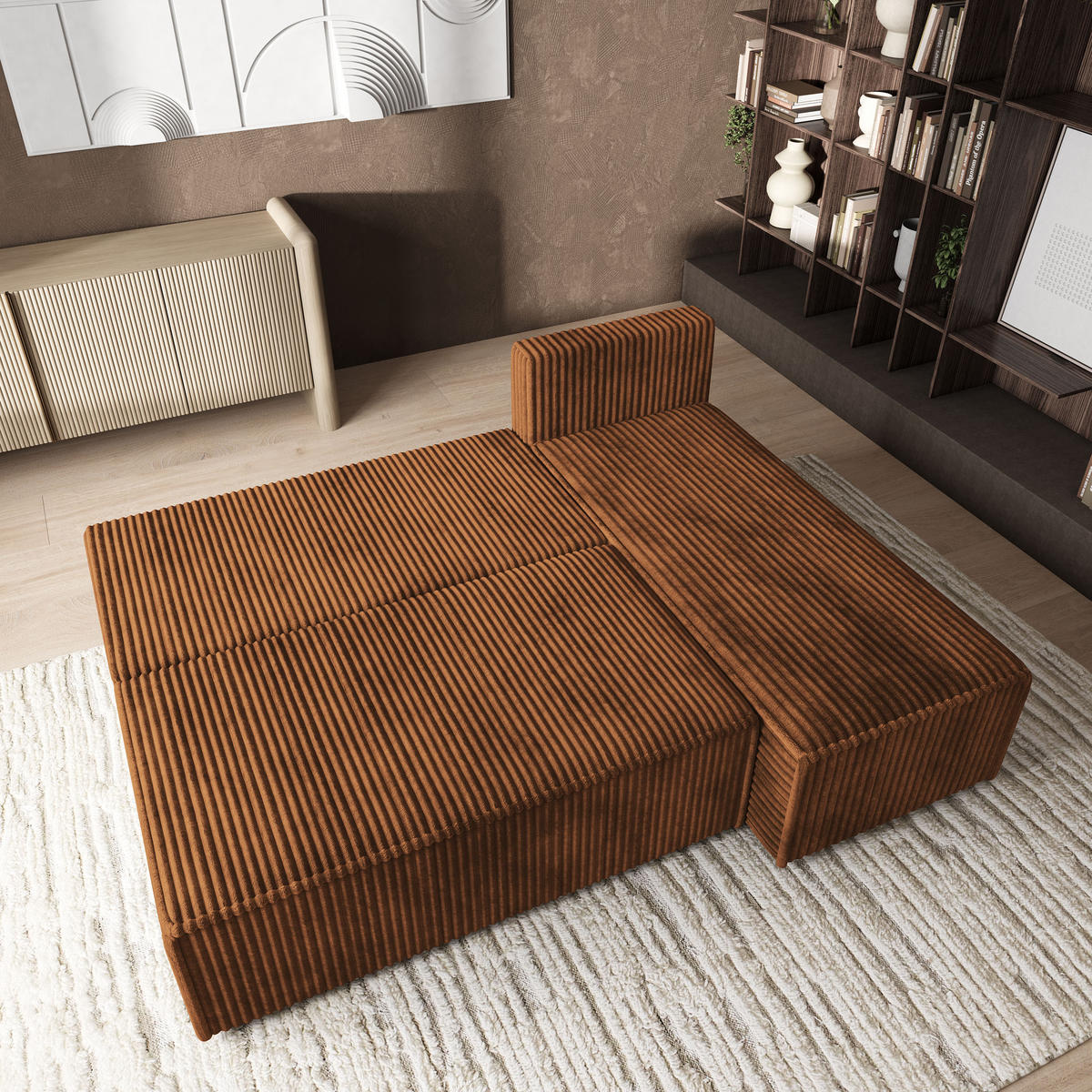 ROHOVÁ SEDAČKA BRISO měděná - šedá/měděná, dřevo/textil (200/140cm) - MASSENO