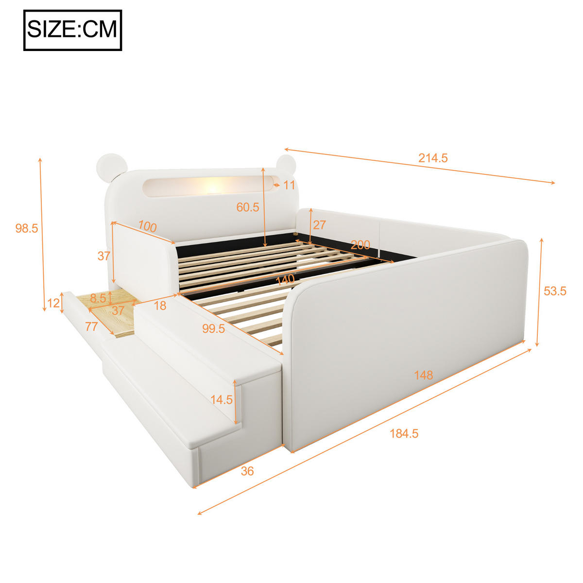 KINDER POLSTERBETT 140x200 Bär Kopfteil USB Stauraum Nachtlicht Weiß - Weiß, Holzwerkstoff (140/200cm) - FLIEKS