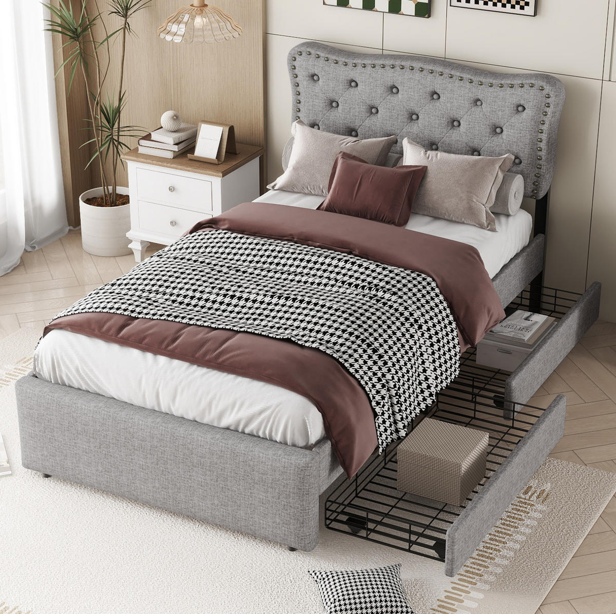 POLSTERBETT 90/200 cm Grau aus MDF mit 2 Schubladen - Grau, Textil (90/200cm) - OKMYHOME