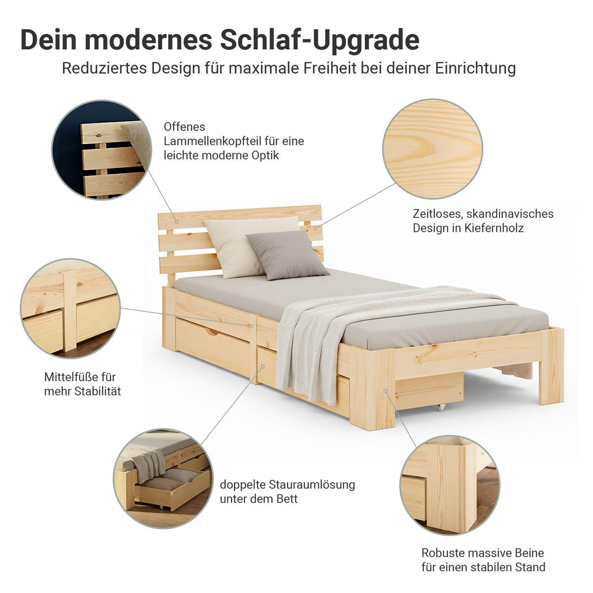 HOLZBETT mit Stauraum 90/200 cm natur - Braun, Holz (90/200cm) - Homestyle4u