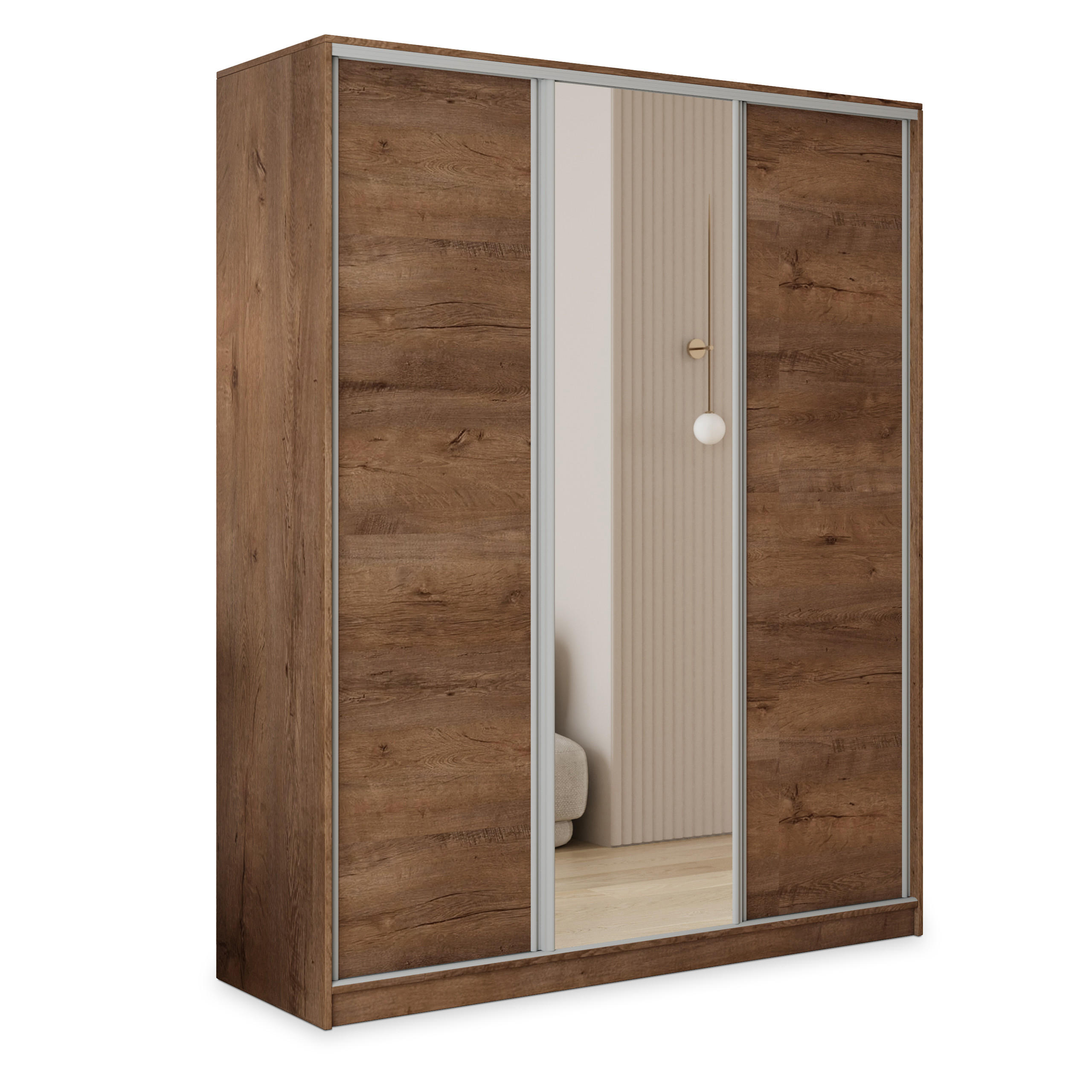 SCHWEBETÜRENSCHRANK TARI 160/205/58 cm 3-türig mit Spiegel und 4 Schubladen Eichefarben - Eichefarben, Holzwerkstoff (160/205/58cm) - MASSENO