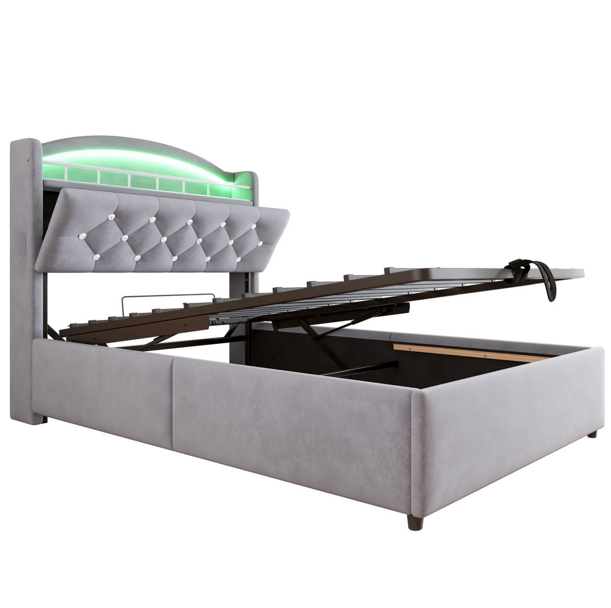 KINDERBETT Polsterbett 90/200 cm aus Samt mit Stauraum, LED und USB Grau - Grau, Textil (90/200cm) - Modenvie