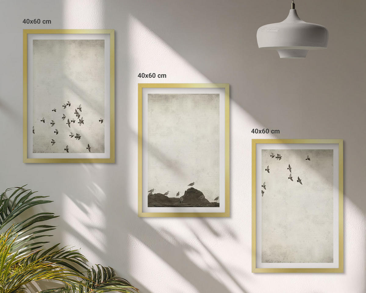 WANDBILDER 3er Set - 40x60 cm Goldrahmen - Vögel im Flug, minimalistischer Stil - Goldfarben, Kunststoff (40/60cm) - ArtPrintCave