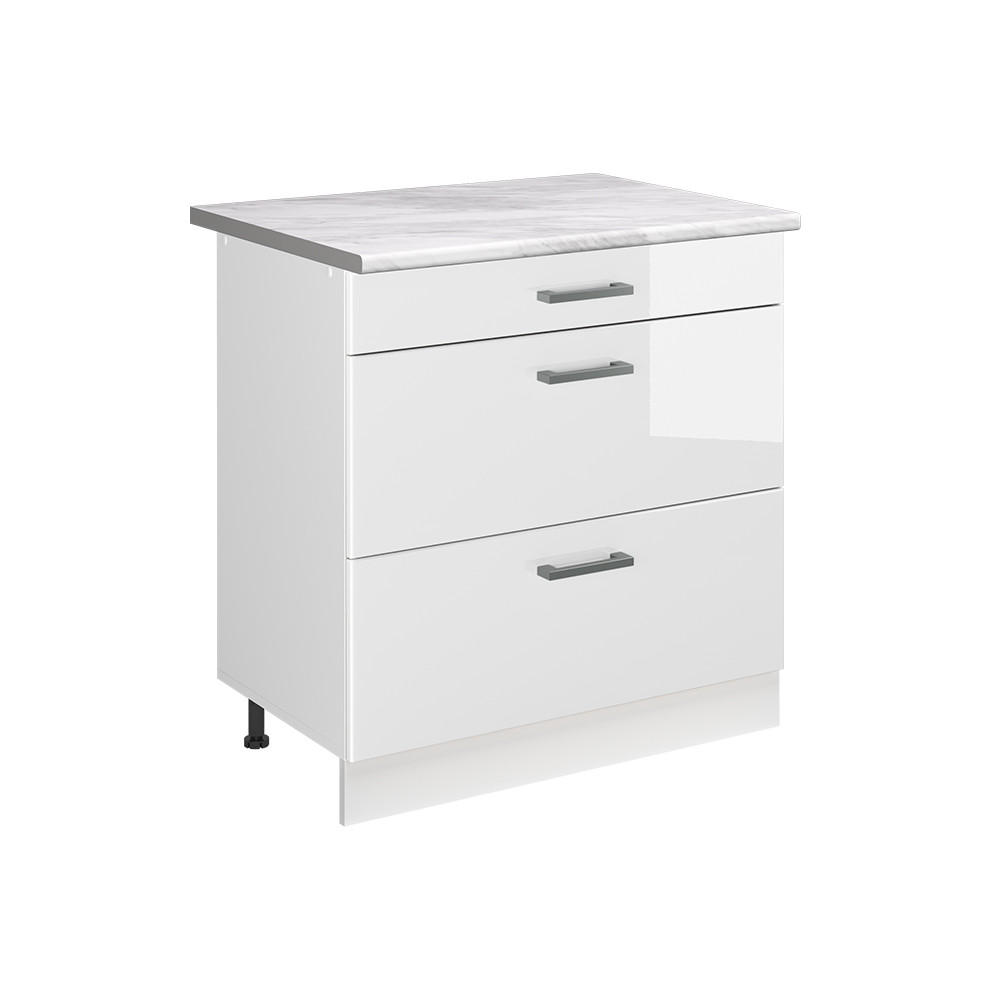 KUCHYNSKÁ SPODNÁ SKRINKA R-Line, Biely vysoký lesk/biely, 80 cm s 3 zásuvkami Marmori työtaso - biela/biela s vysokým leskom, kompozitné drevo (80/81.6/60cm) - Vicco