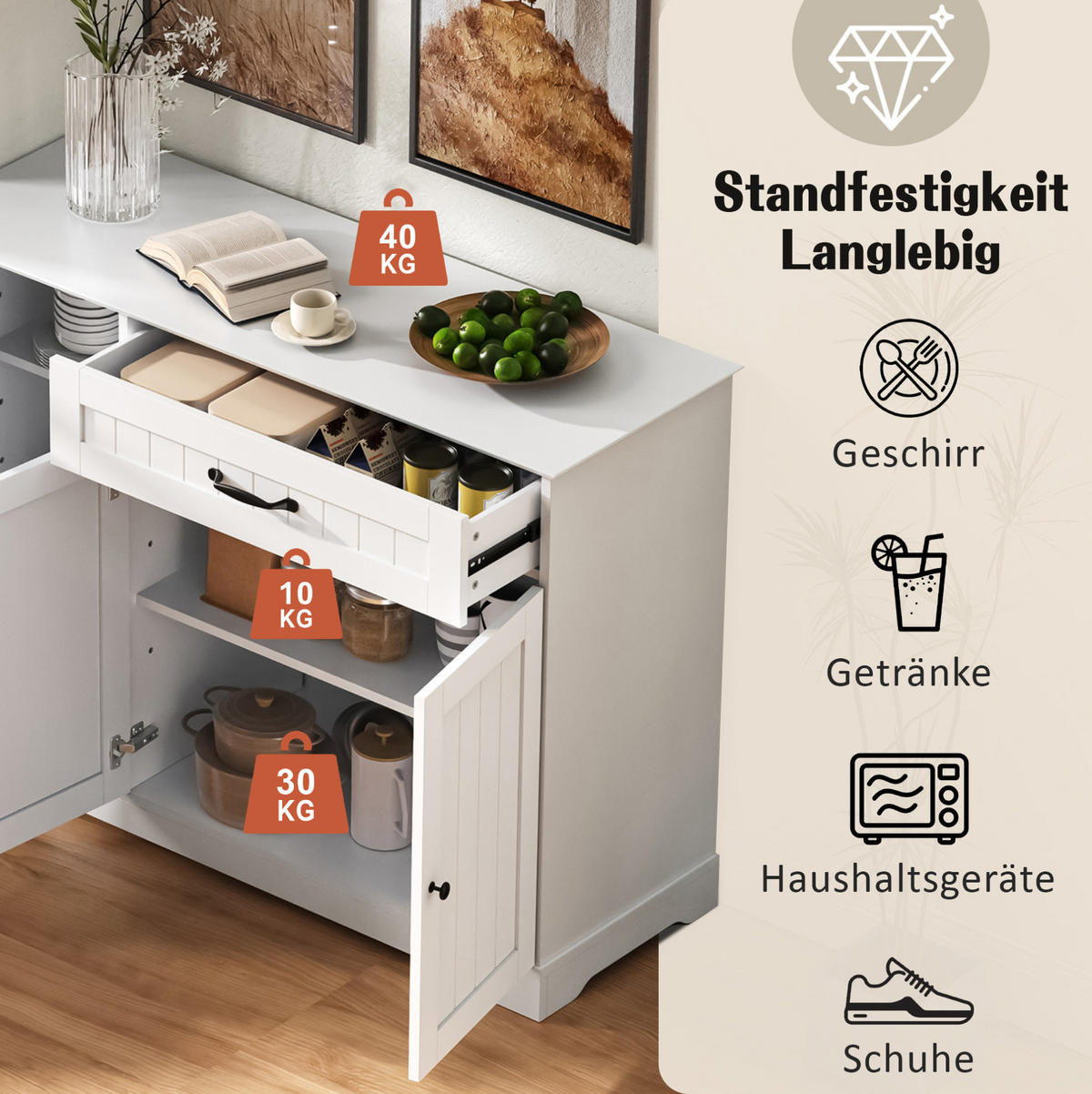 SIDEBOARD in Weiß mit 3 Türen, 1 Schublade und verstellbaren Einlegeböden,107/83.4/40 cm - Weiß, Holzwerkstoff (107/83.4/40cm) - Flora Grace