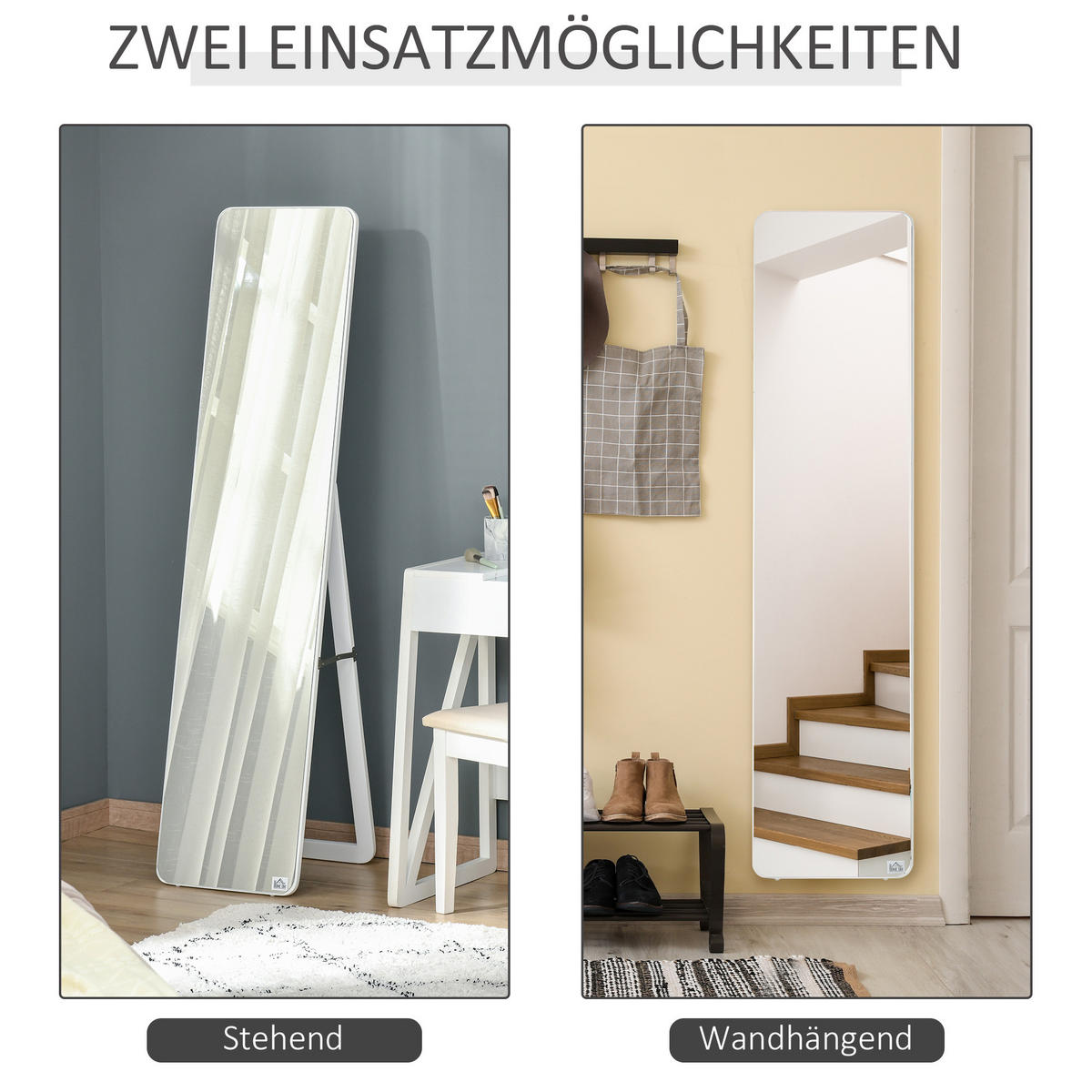 STANDSPIEGEL mit klappbaren Rahmen, stabil, Kiefernholz, MDF, Weiß - Weiß, Glas (43/156/37cm) - HOMCOM