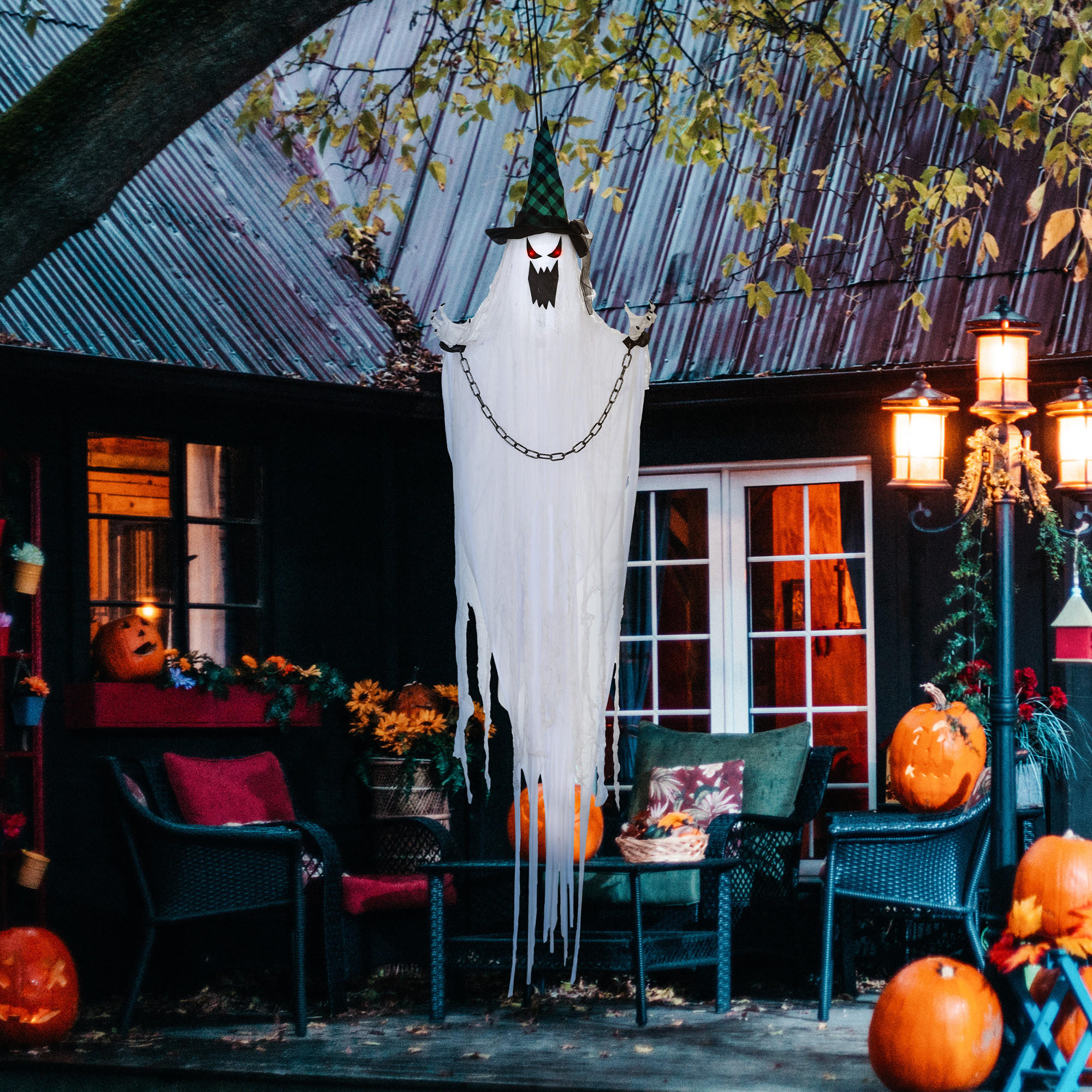 HALLOWEEN-DEKORATION hängender Geist 204 cm mit Geräuschaktivierung, Soundfunktion - Multicolor, Textil (16/204/88cm) - HOMCOM