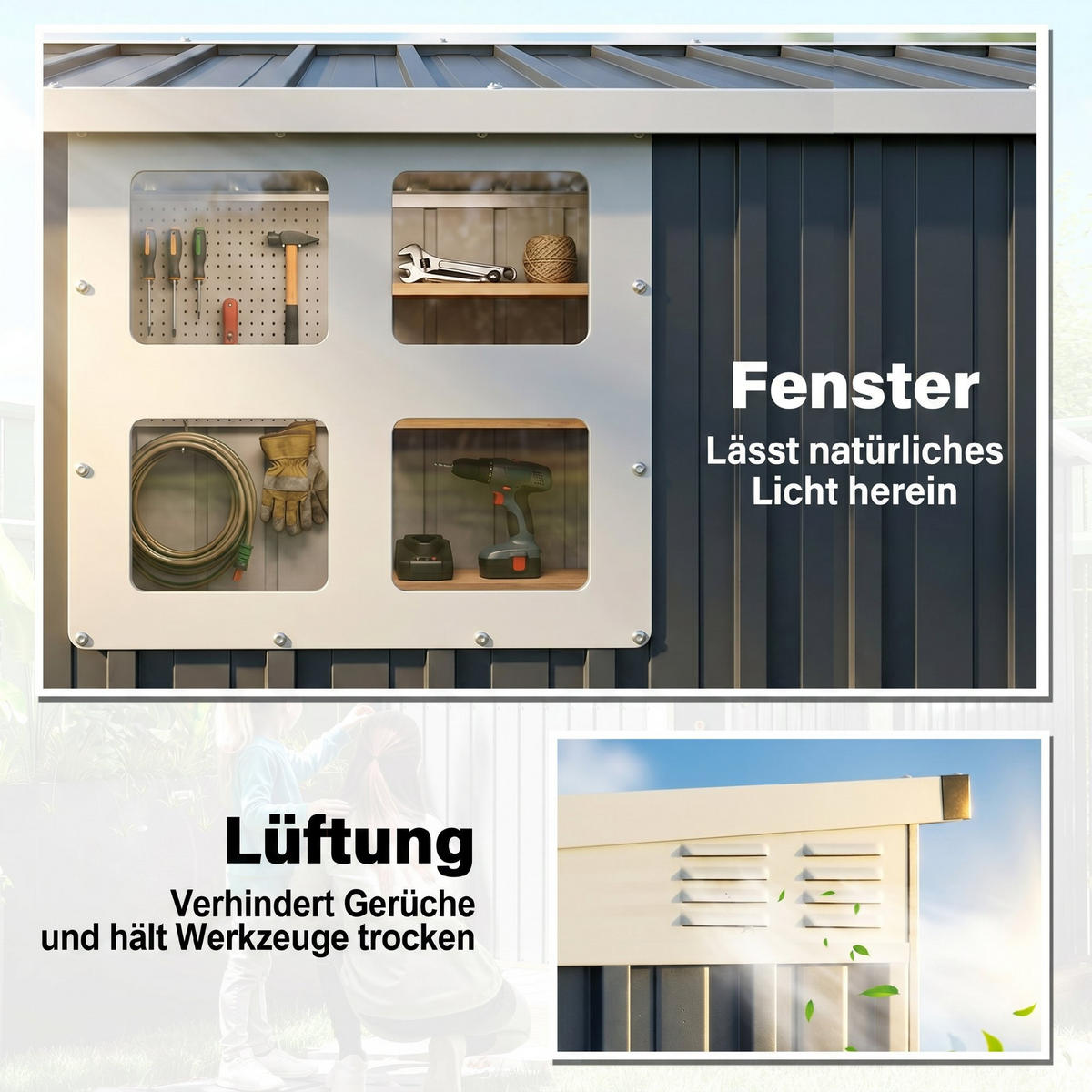 GARTENLAGERSCHUPPEN DE-08073 mit Fenster & Lüftung, abschließbar Dunkelgrau - Dunkelgrau, Metall (128/181/231cm) - ComfortXL