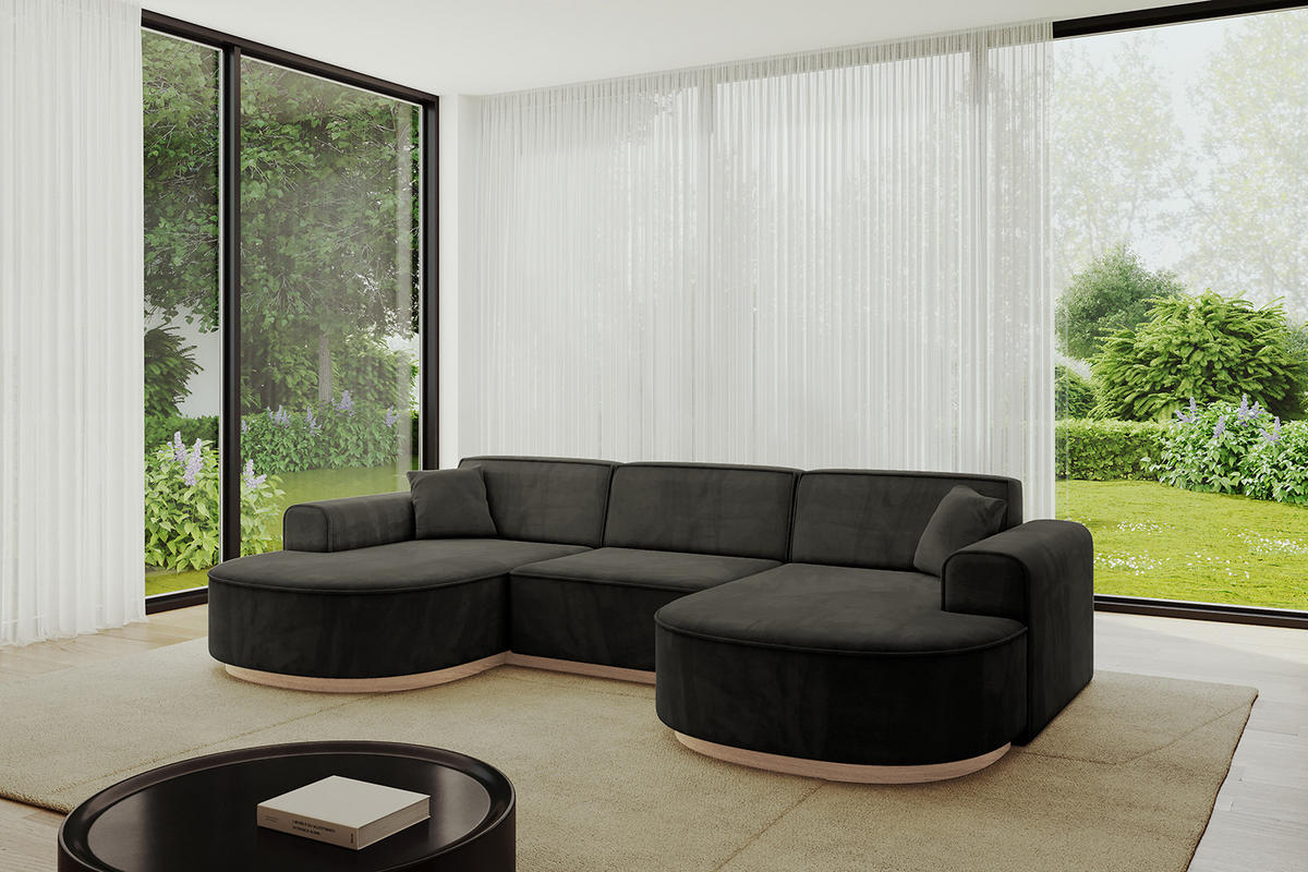 WOHNLANDSCHAFT MARI-U1-v1 - 303x171x83 cm Schwarz Velours - Schwarz, Holzwerkstoff/Textil (303/83/171cm) - ALTDECOR
