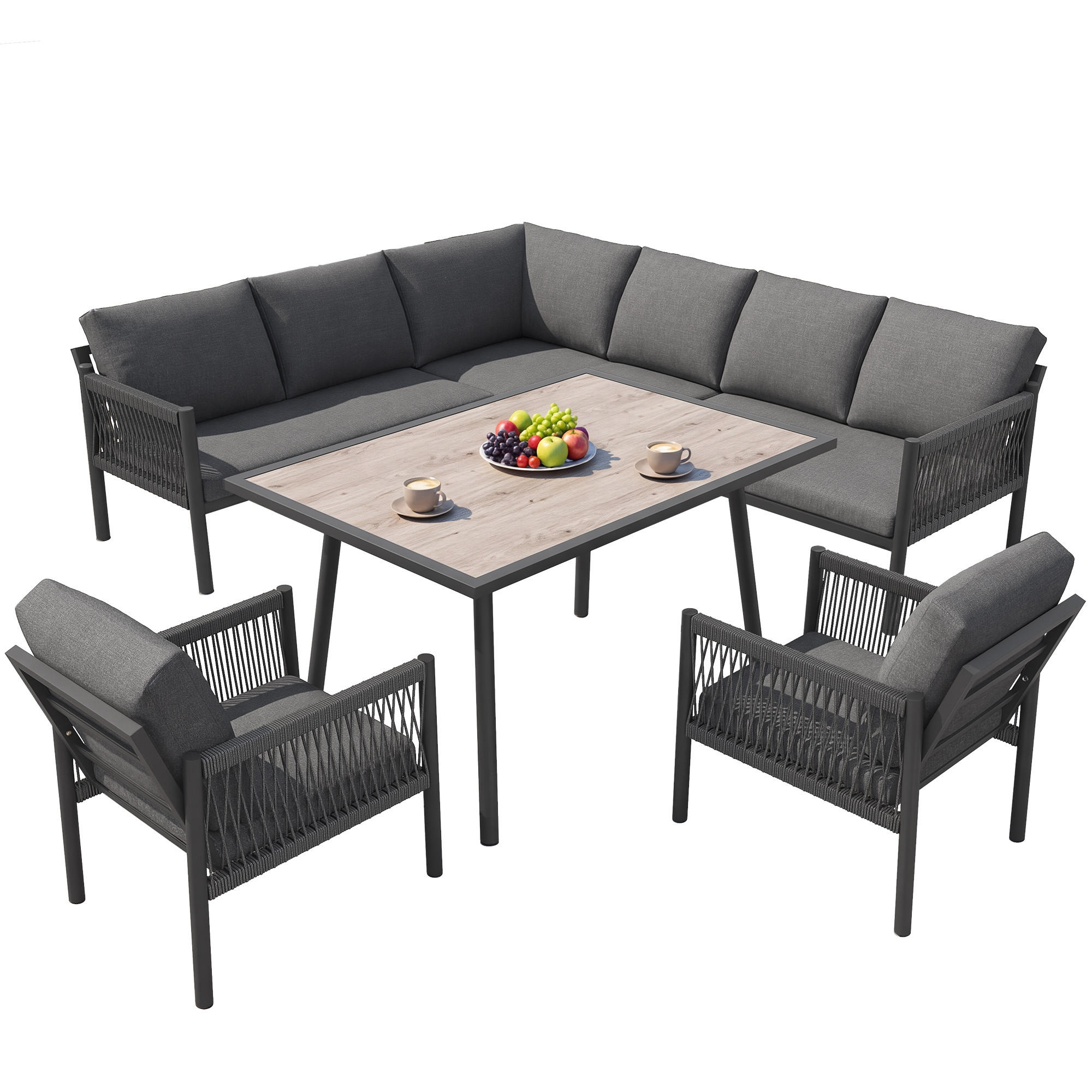 GARTENLOUNGE-SET L-förmiges Gartensofa für 7-8 Personen Outdoor Sofa mit Tisch Grau - Grau, Glas/Textil - STILVORA