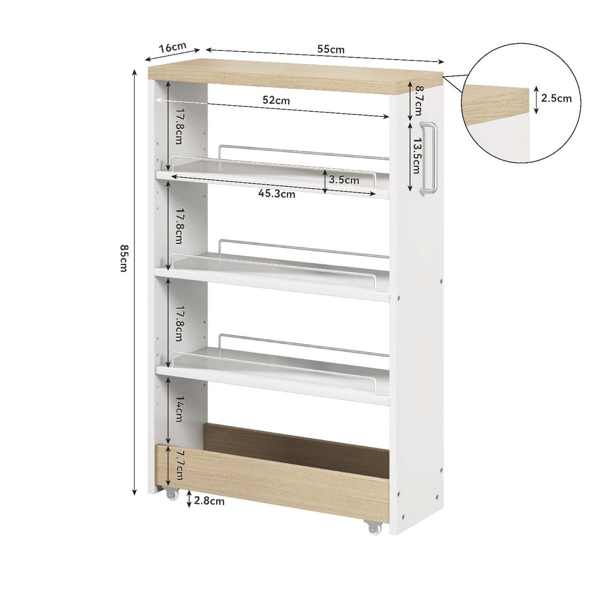 KÜCHENSCHRANK16 CM SCHMAL Küchenwagen auf Rollen, 55/16/85 cm, MDF, Weiß mit Holzoptik, MIT 4 VERSTELLBAREN REGALBÖDEN, für Küche und Bad - Weiß, Holzwerkstoff (16/85/55cm) - Rolipo
