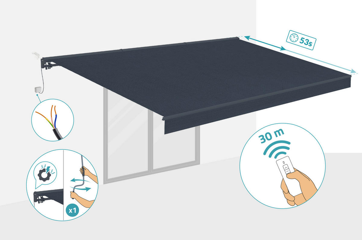 HALBKASSETTENMARKISE Fazzio Graue 5m x 3m motorisierte - Premium-Leinwand 320g/m² - Grau, Metall (500/270/300cm) - Cazeboo