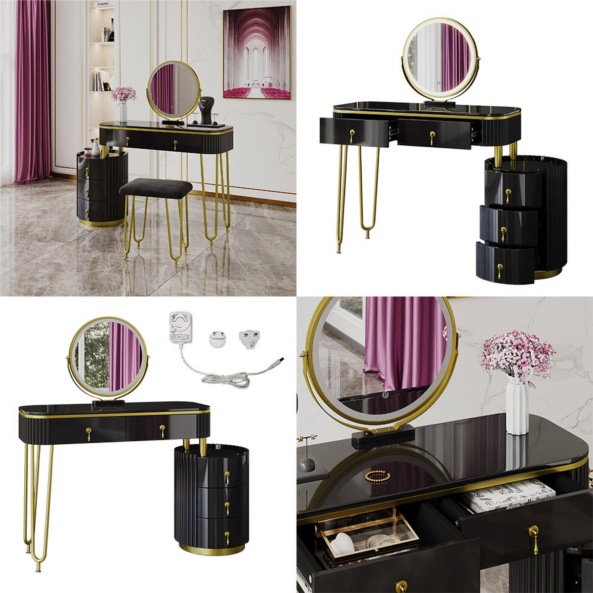 SCHMINKTISCH Charlène Schwarz 100 cm mit LED-Spiegel - Schwarz, Holzwerkstoff (100/79/40cm) - Vicco