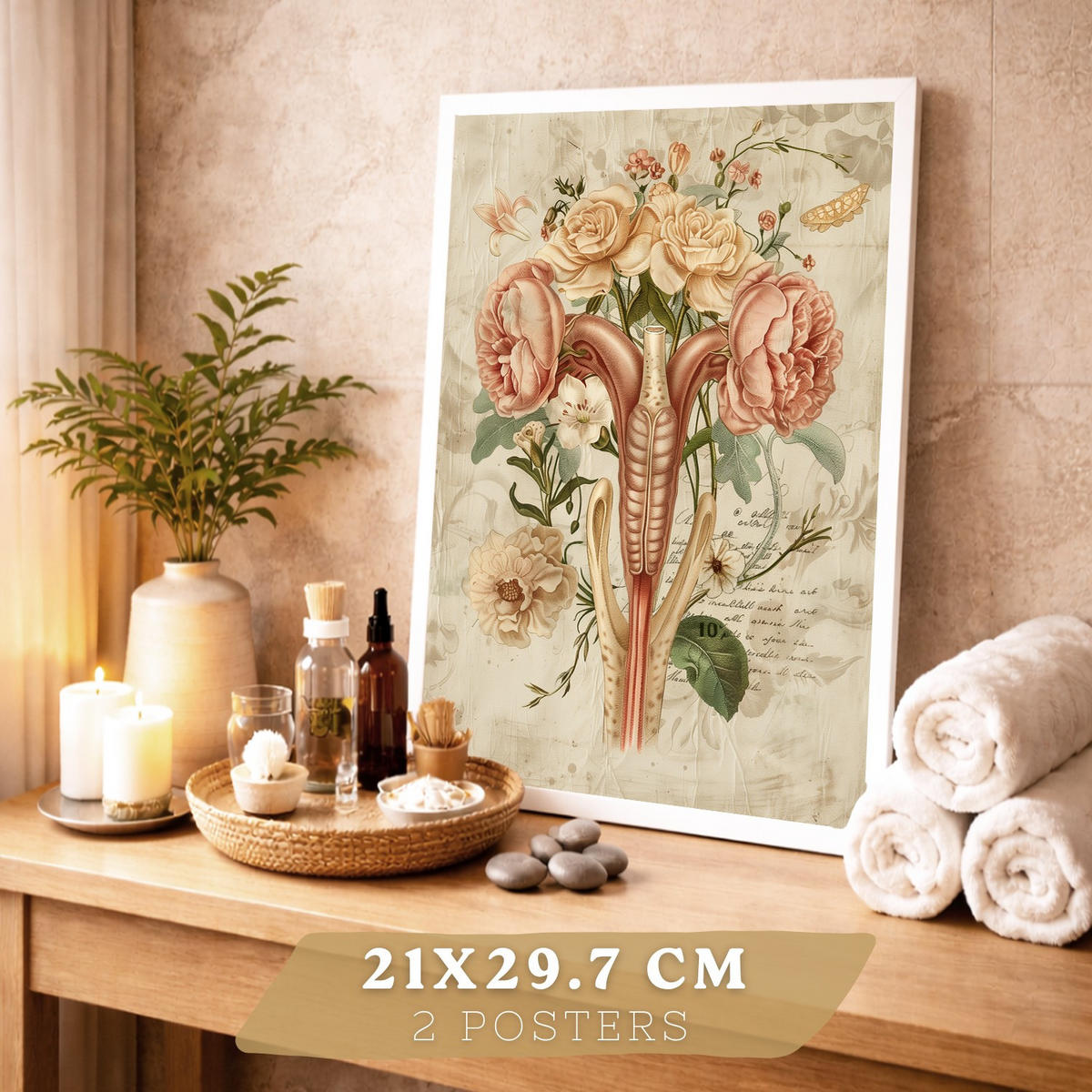 POSTER Set aus 2 Weibliche Anatomie Drucke und Wandbilder mit Gehirn und Gebärmutter Botanischer Retro Vintage Floraler Stil Größe Rahmenlos A4 - Klar, Papier (21/29.7/3cm) - Nacnic