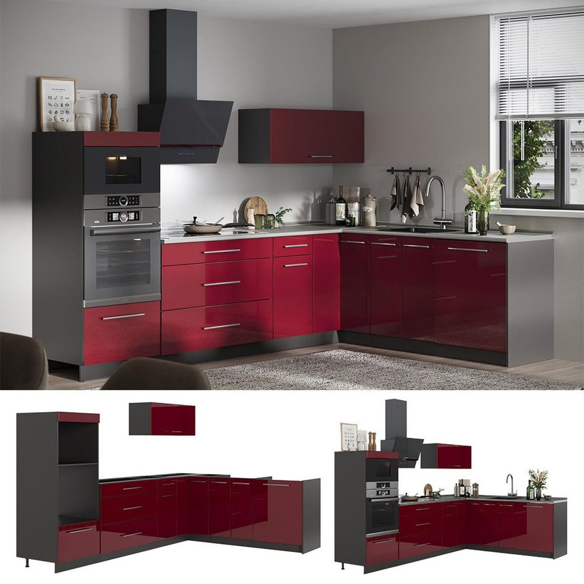 KUHINJA U OBLIKU SLOVA L Fame-Line, Bordo visokog sjaja/Antracit, 287 x 207 cm, RP Hrast - bordo/antracit, drvni materijal (287/153.6/60cm) - Vicco
