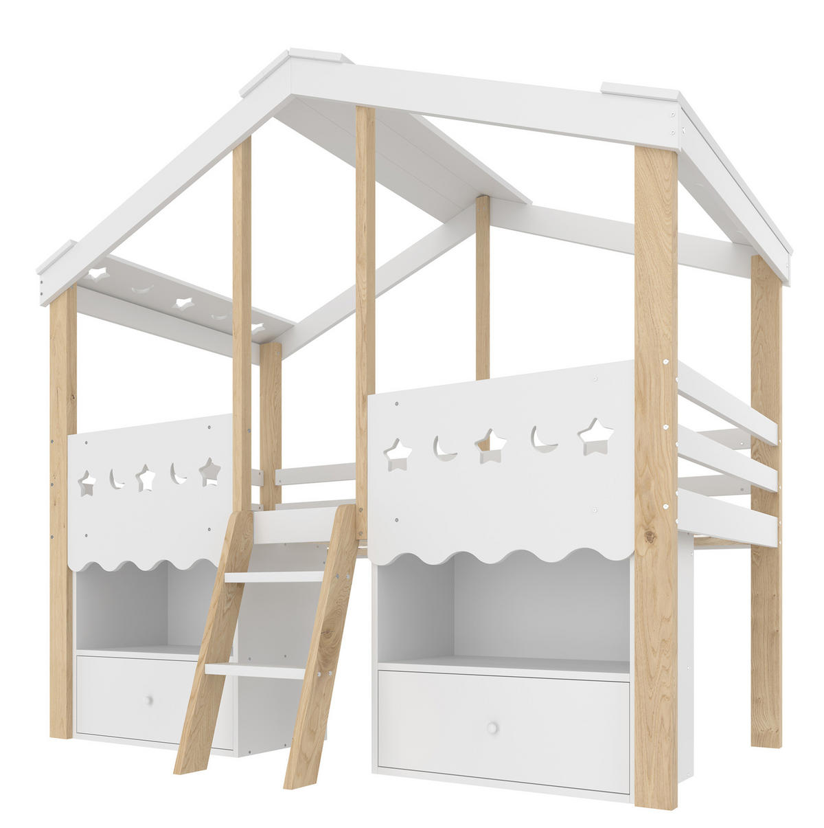 HALBHOHES Kinderbett 90/200 cm aus Kiefernholz mit LED-Beleuchtung, Hausform, 2 Schubladen und Regalen, Weiß/Natur - Weiß, Holz (90/200cm) - Redom