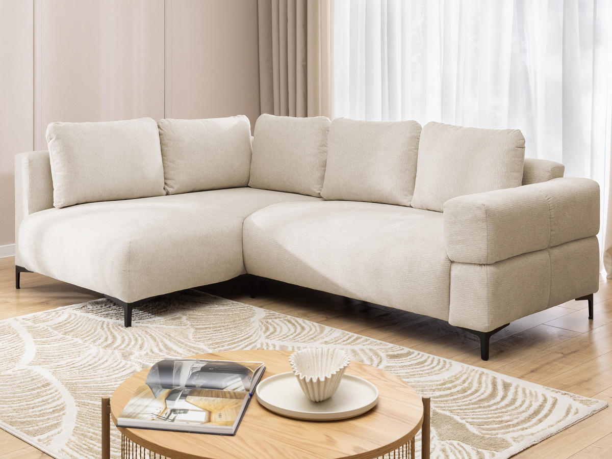 ECKSOFA Cardea in Bubble-Optik aus weichem Hellbeige Strukturstoff mit hohem Sitzkomfort - Ottomane links - Beige/Schwarz, Holz/Textil (170/230cm) - S-Style Möbel