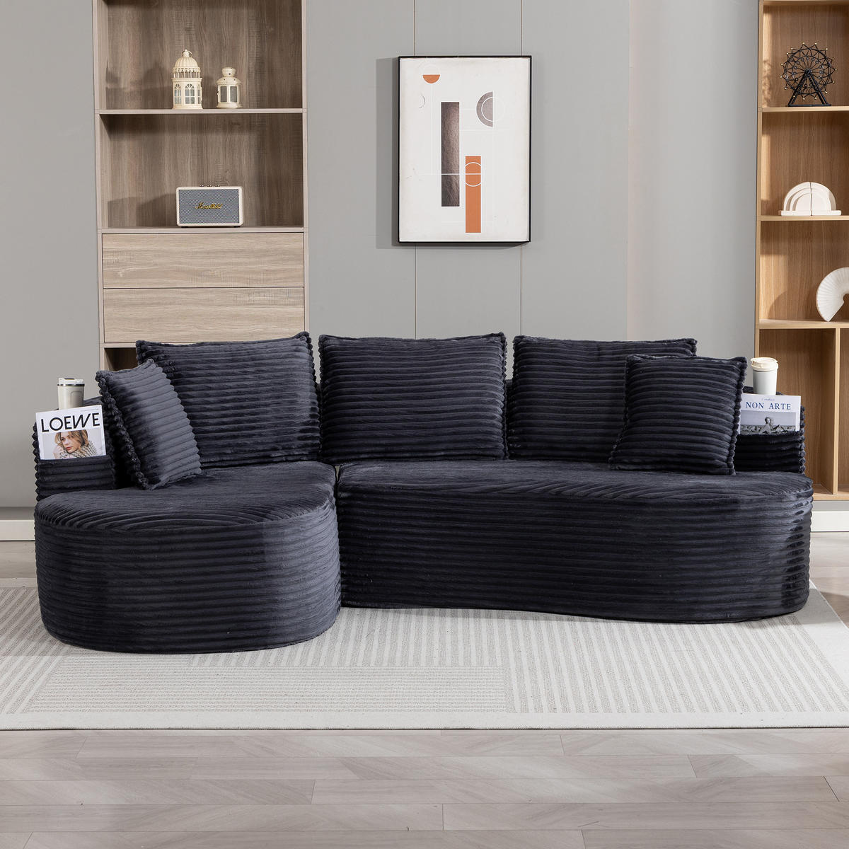 ECKSOFA Cord Dunkelgrau mit Getränkehaltern, Seitentaschen und Kissen - Dunkelgrau, Textil (250/152cm) - WISHDOR