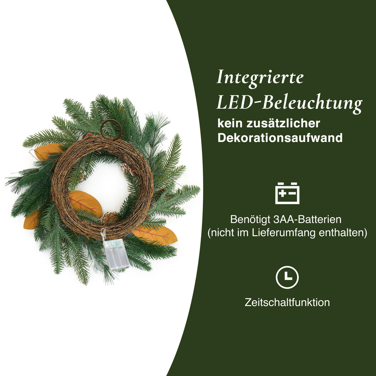RUSTIKALER Weihnachtskranz Ø40cm mit Äpfeln, LEDs,Timerfunktion - Dunkelgrün, Naturmaterialien (40cm) - Hometopia